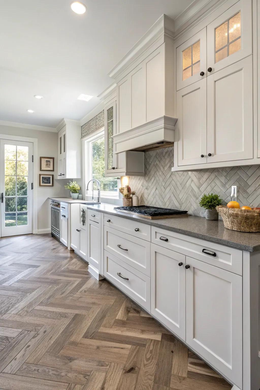Herringbone flooring adds a dynamic touch to this kitchen.