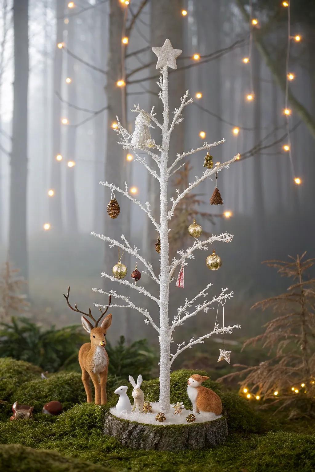 A whimsical forest-themed white pencil tree decorated with creature ornaments.
