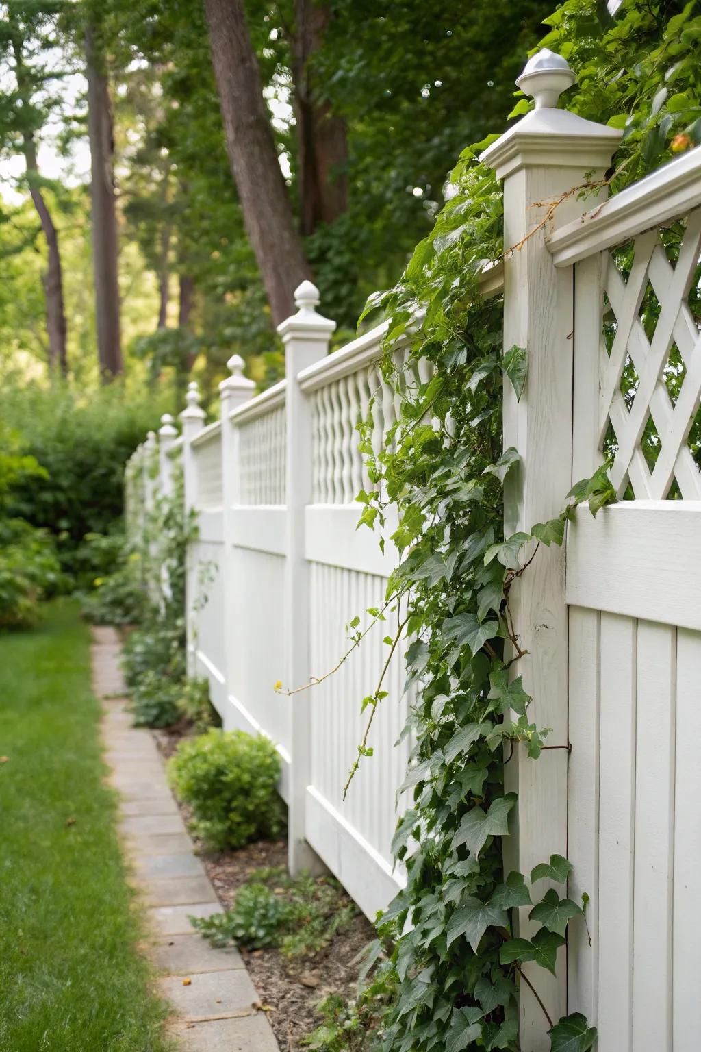 Trellis sections permit a white boundary to evolve into a stunning vertical garden.