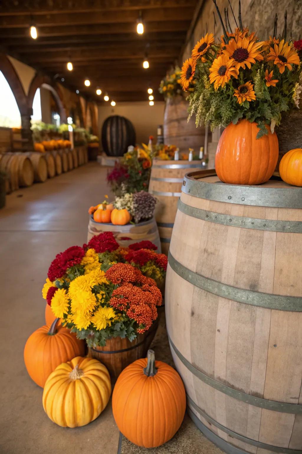A wine barrel dressed for the autumn season.