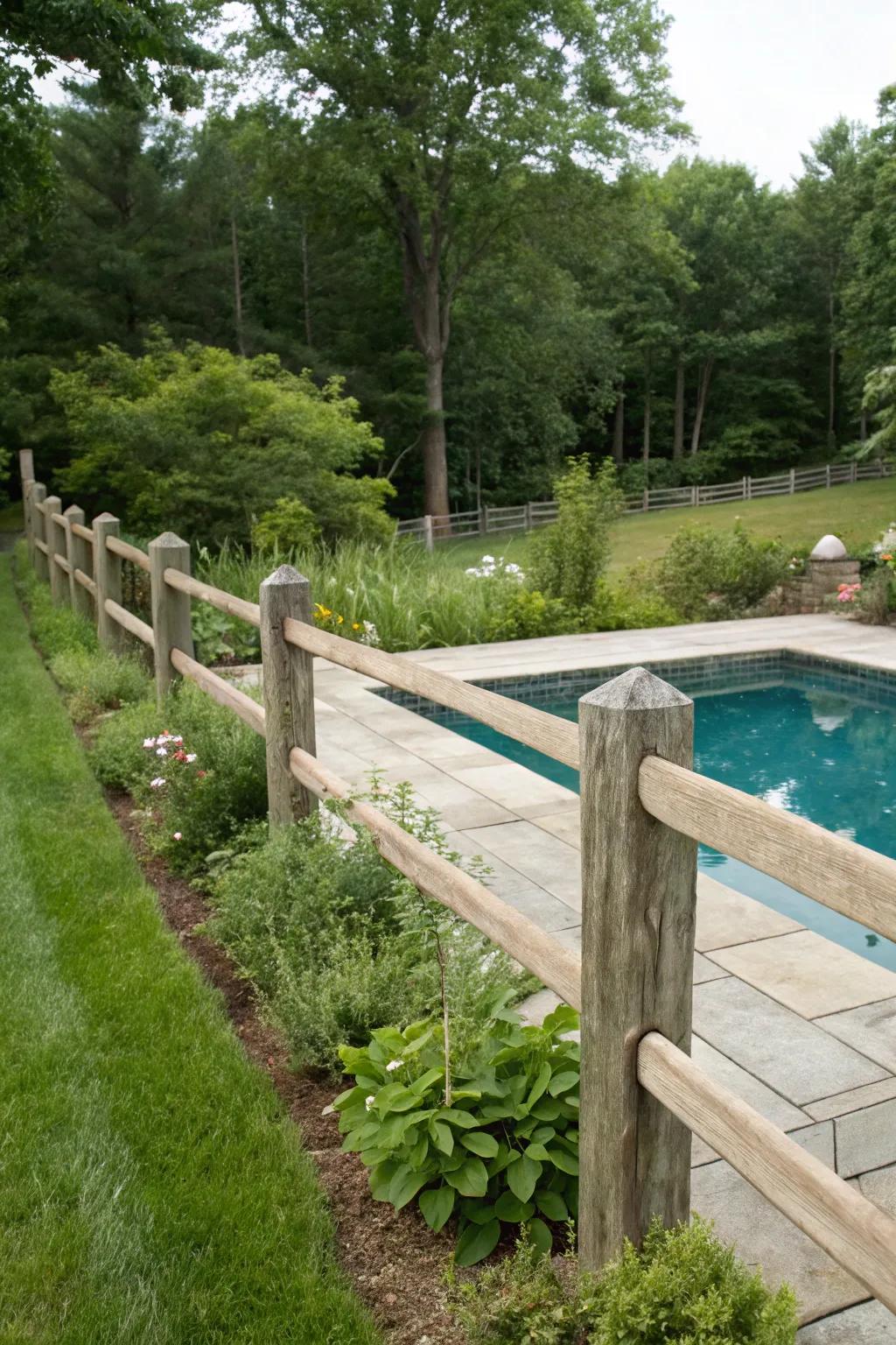 Post and rail fences deliver open views while upholding poolside safety.
