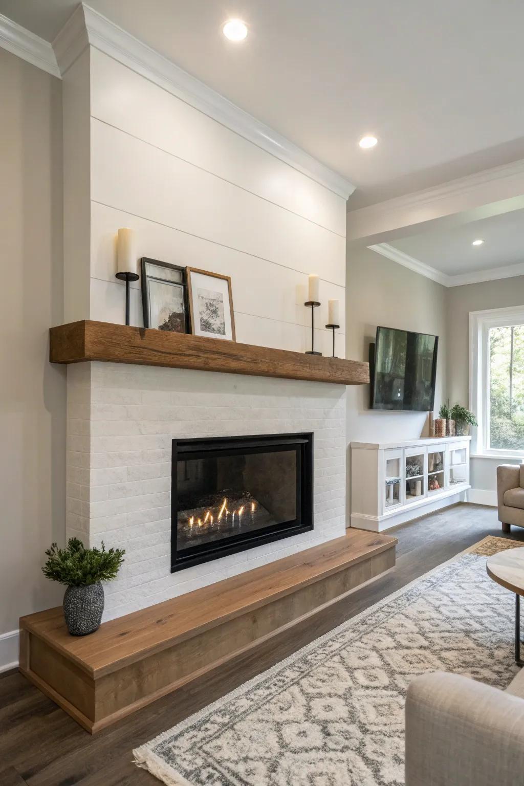 Achieve a sleek look with a floating wood mantel.