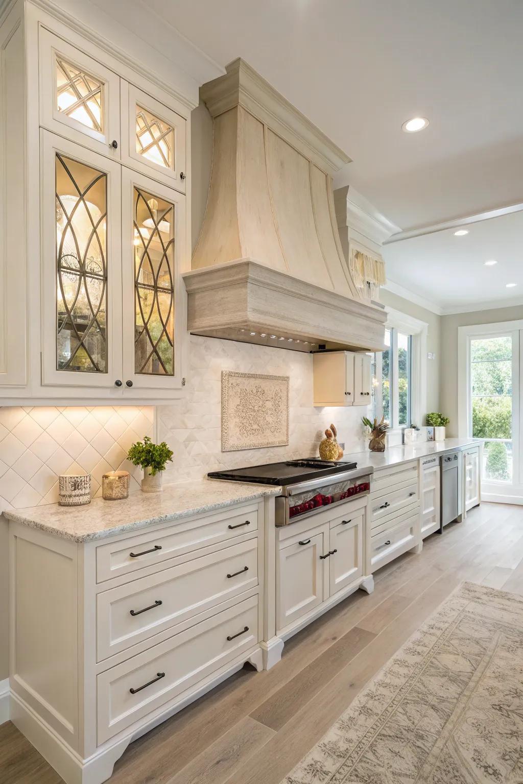 White wood range hoods create a harmonious and fresh kitchen look.