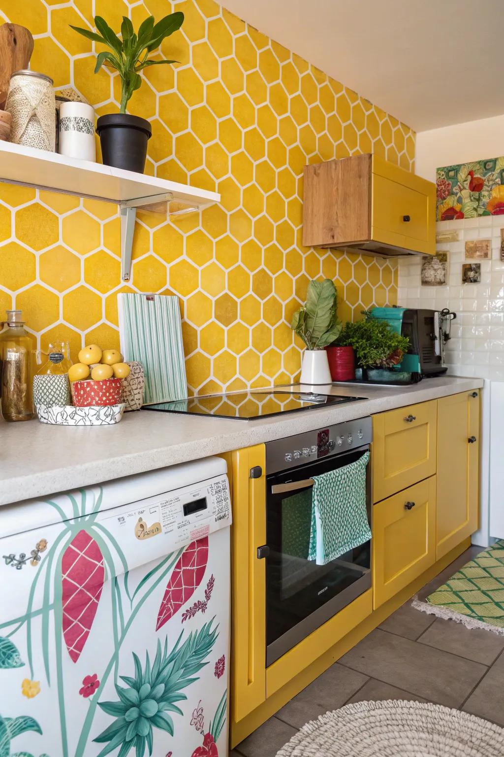 Playful patterns in yellow bring whimsy to this charming kitchen.