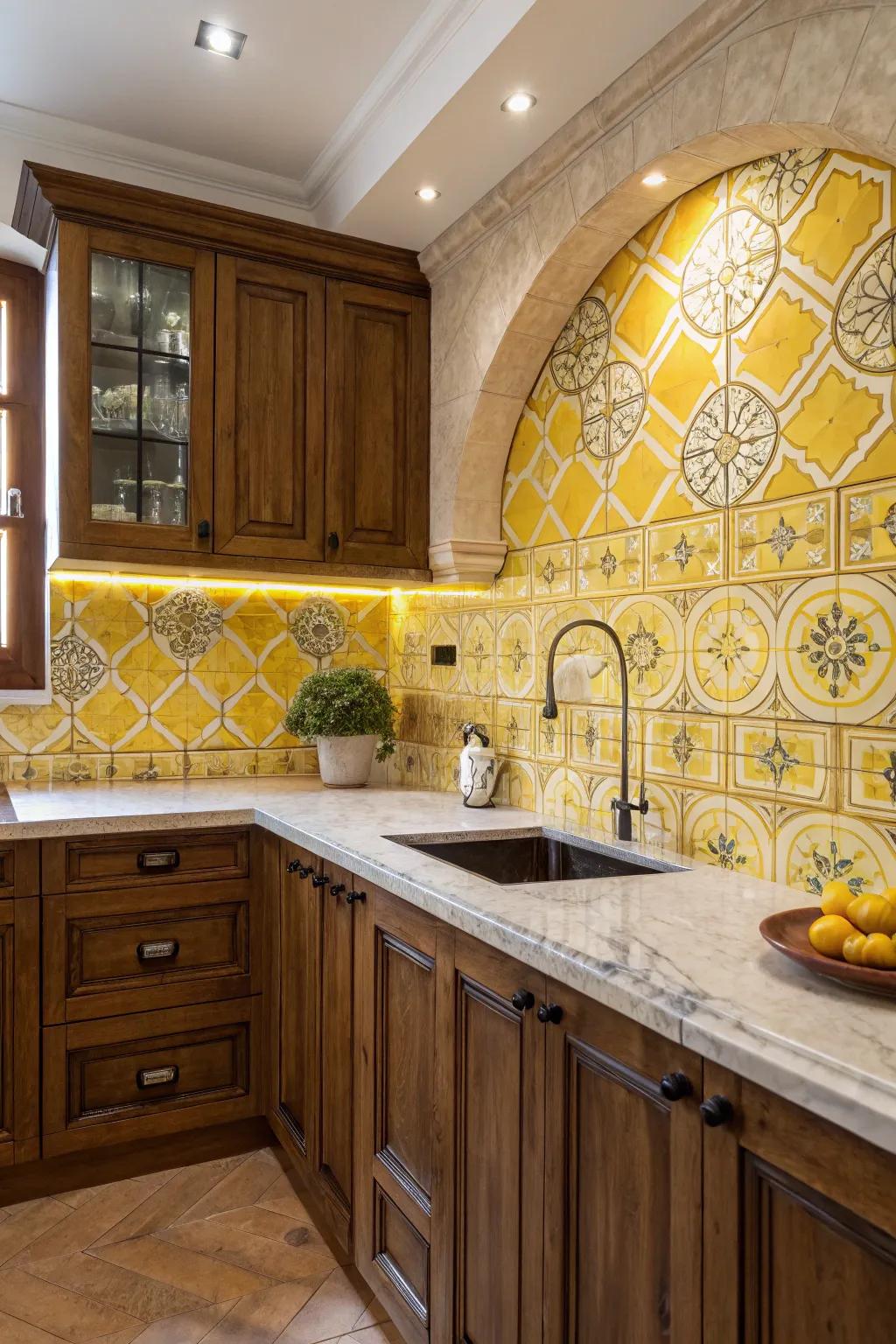Decorative yellow tiles bring a jaw-dropping visual impact inside a cooking area.