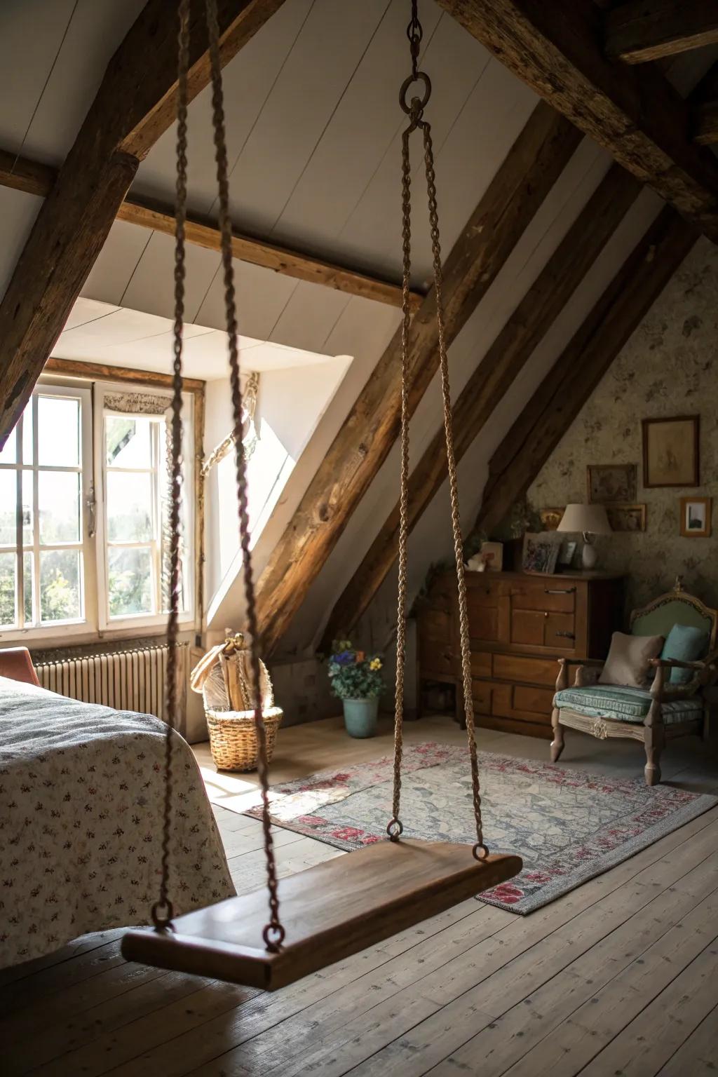 A swing introduces a playful and whimsical touch to your attic bedroom.