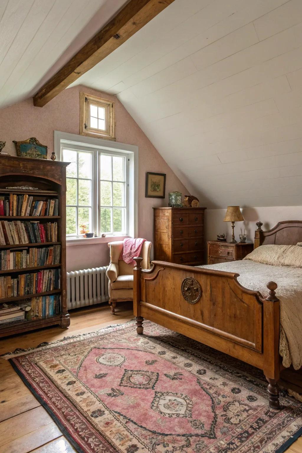 Vintage accents introduce sophistication and nostalgia to your attic retreat.