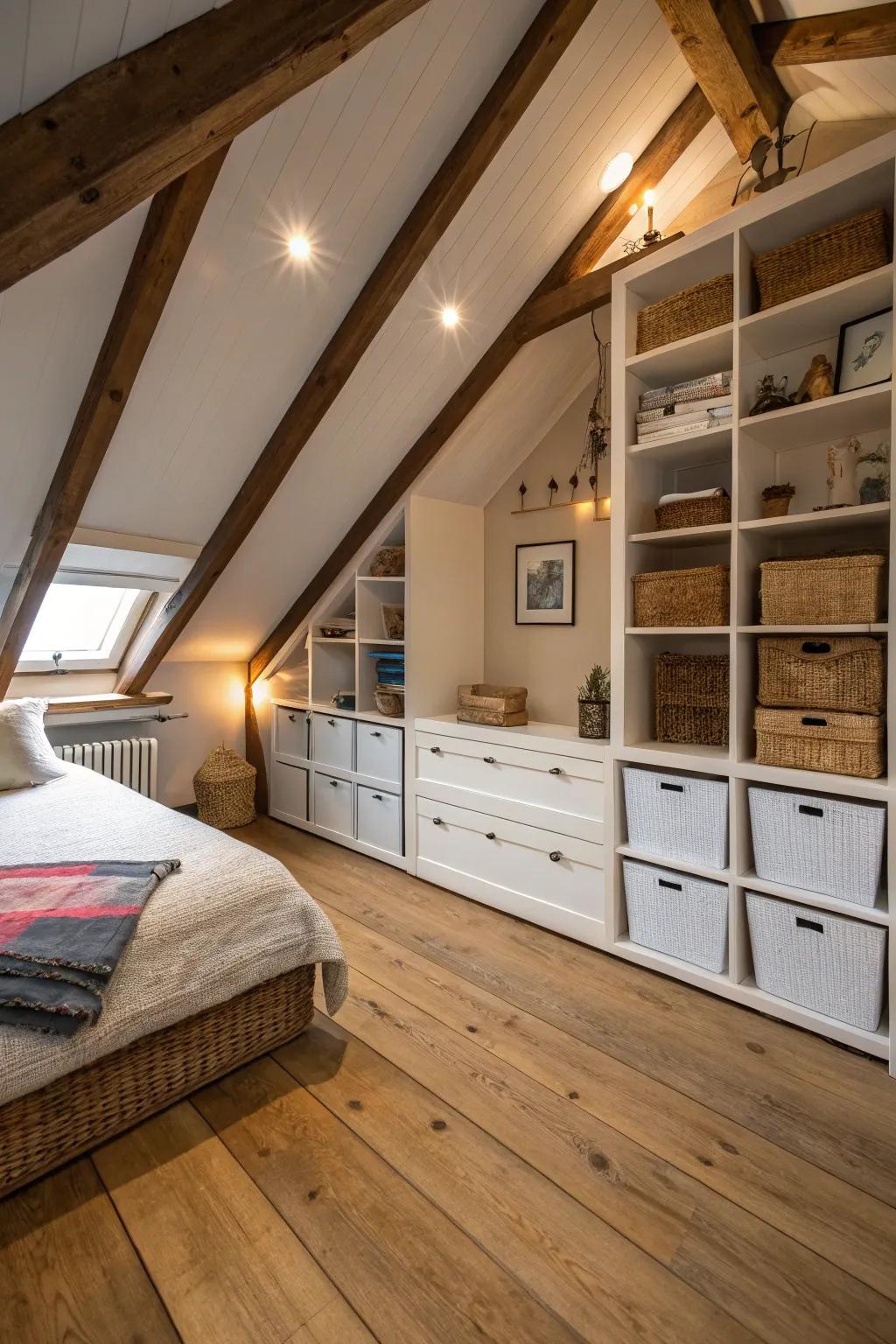 Integrated storage solutions maximize functionality in your attic bedroom.