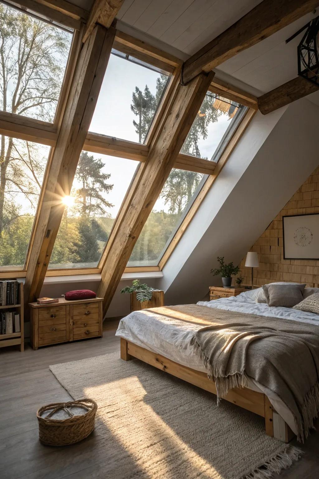 Bask in the radiant warmth of natural light streaming through skylights in your attic bedroom.