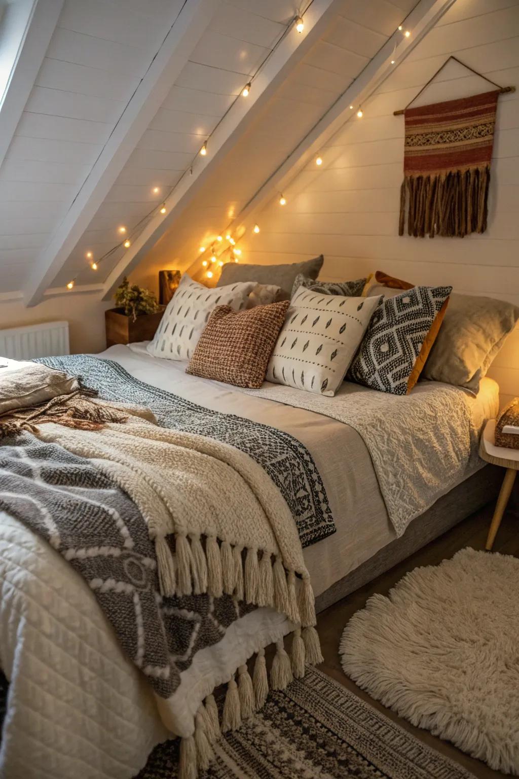 Indulge in the comforting embrace of layered textiles to create a snug sanctuary in your attic.