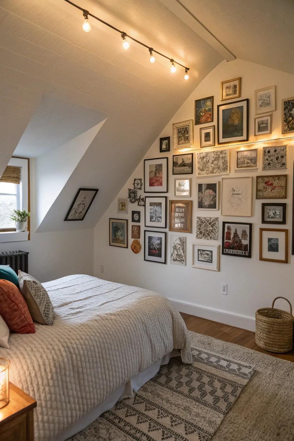 A gallery wall introduces personality and intrigue to your attic bedroom.
