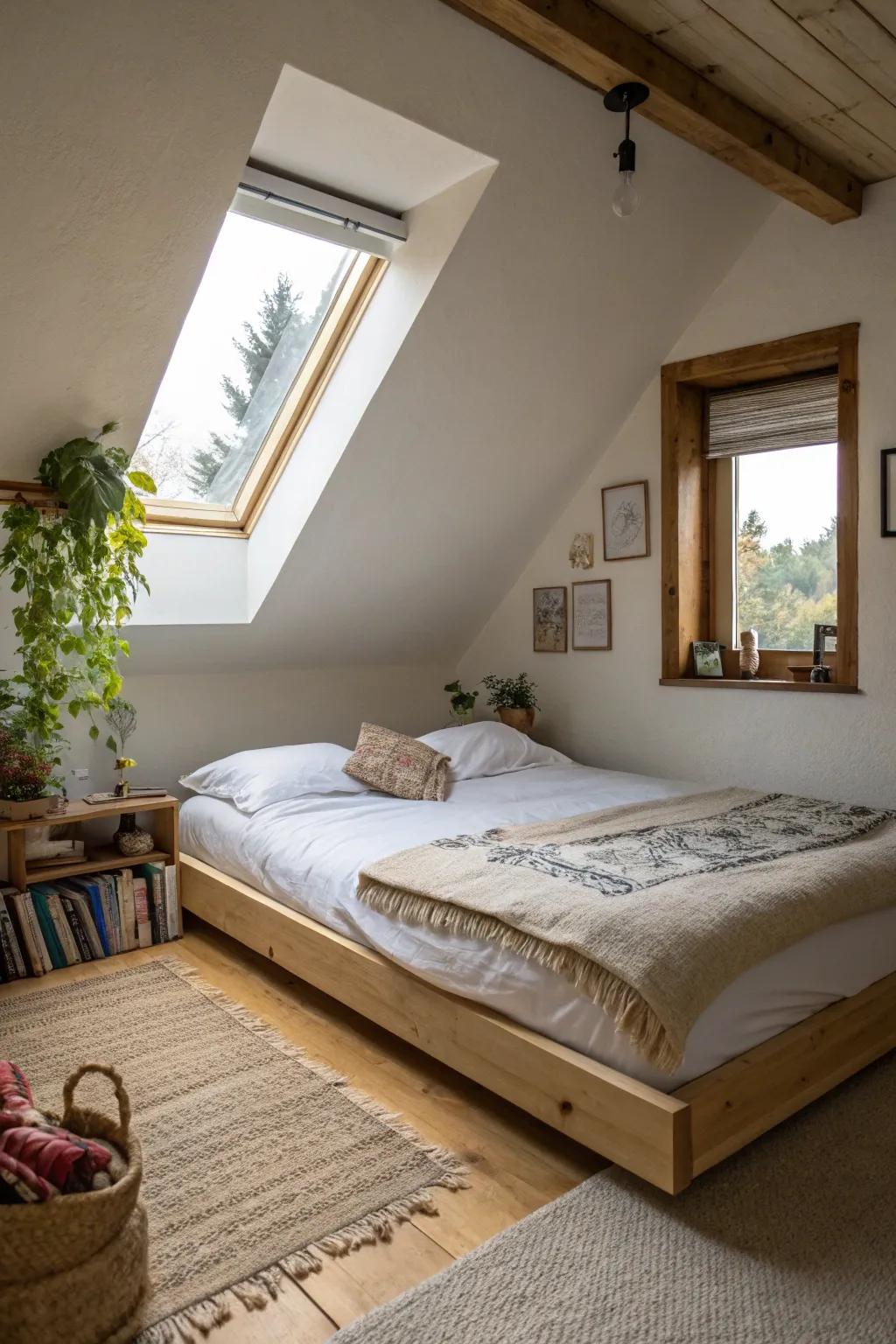 A low bedstead enhances the perception of space in your attic bedroom.