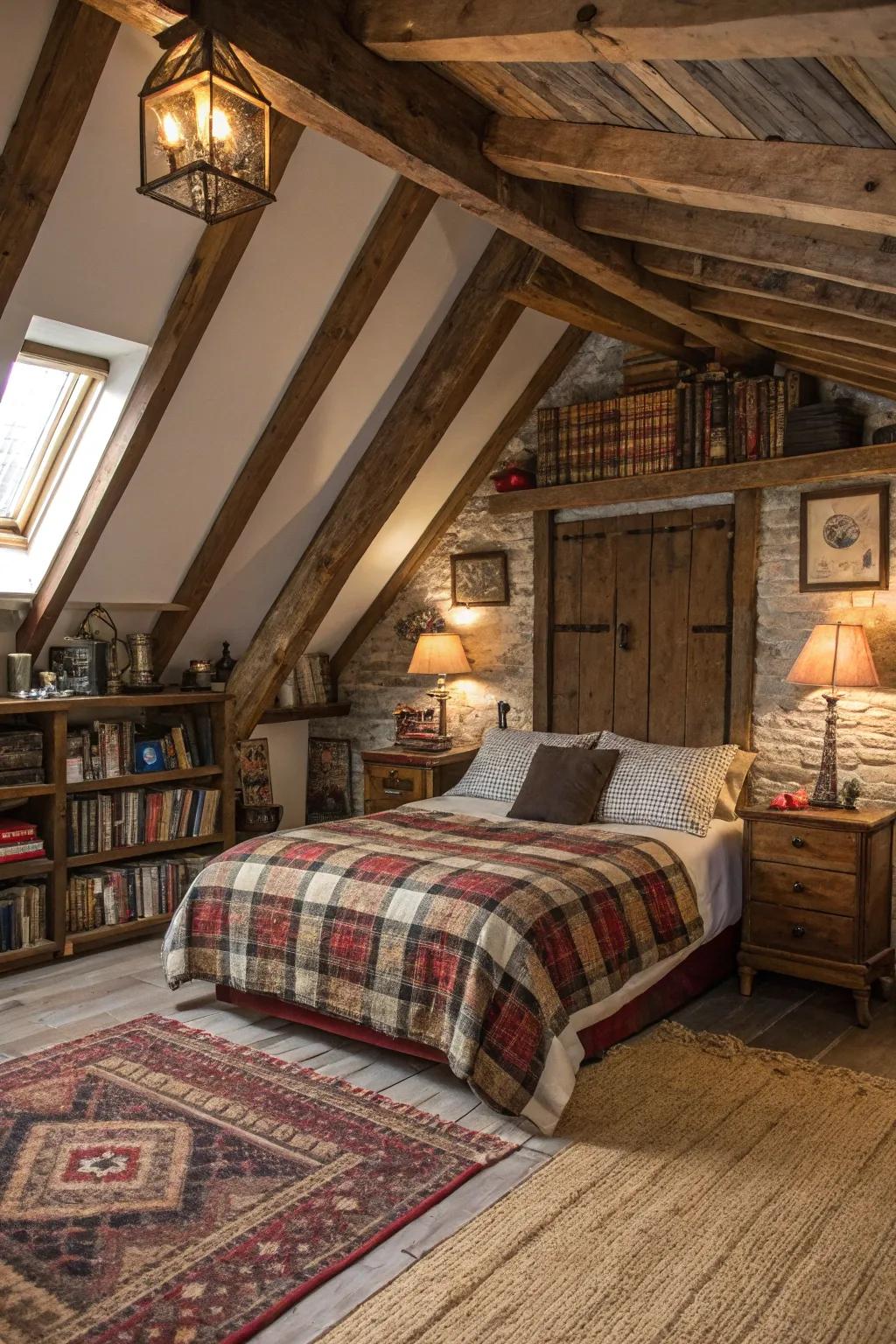 Exposed timber beams impart rustic charm to your attic retreat.