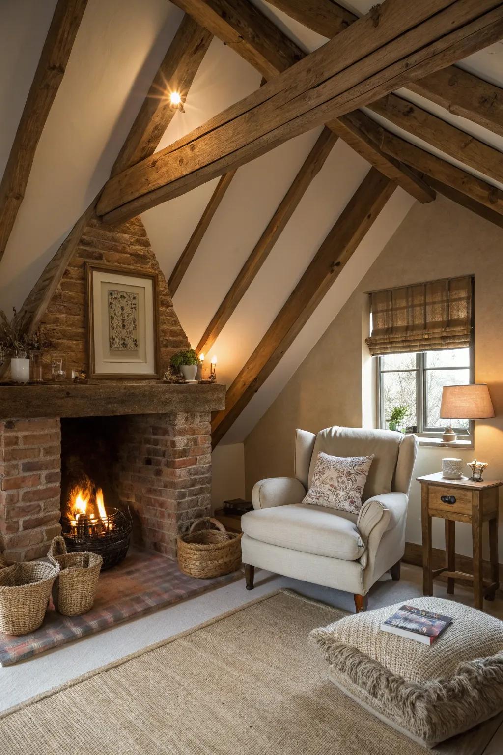 A rustic hearth serves as the ideal centerpiece for a cozy attic bedroom.
