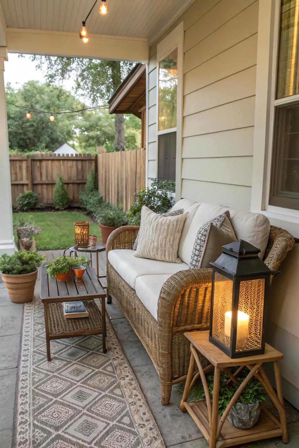 A captivating, compact front patio featuring comfortable seating and inviting architectural details.