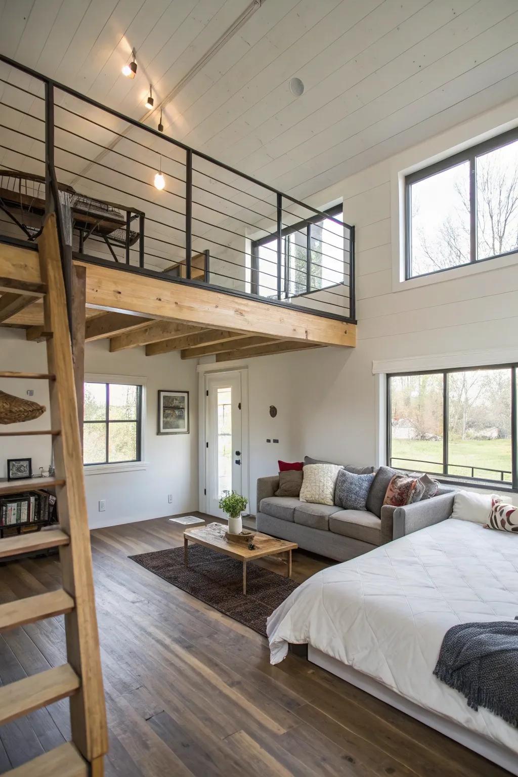 A mezzanine bedroom providing an elevated perspective of a snug living space within a modest urban residence.