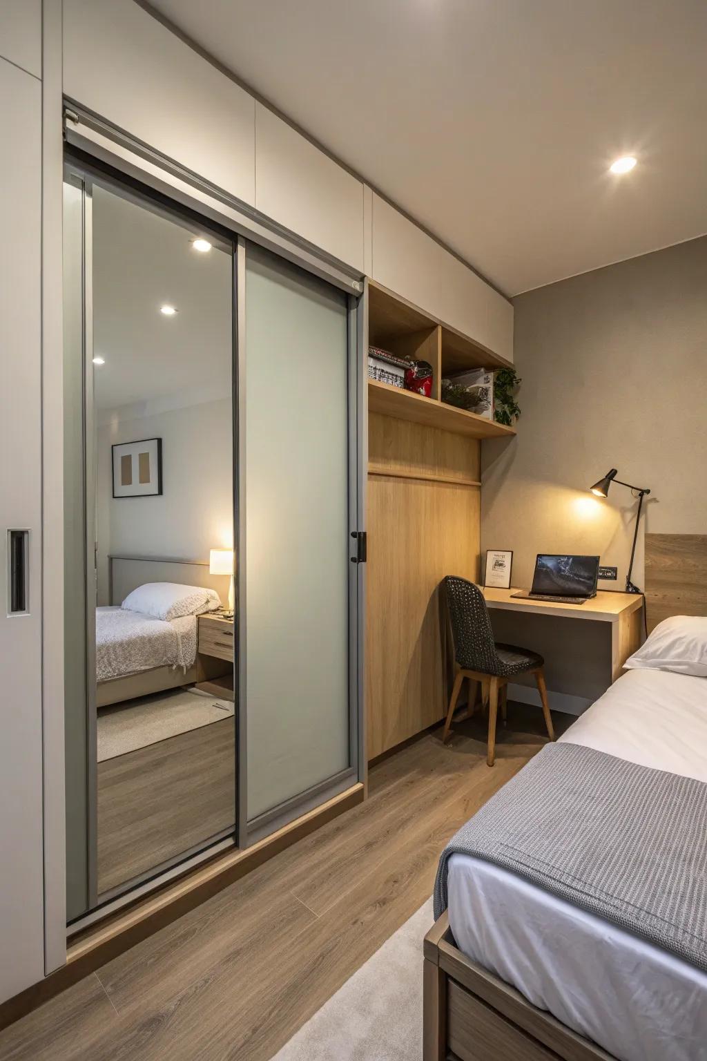 A streamlined bypass door in a compact sleeping quarter that optimizes area.