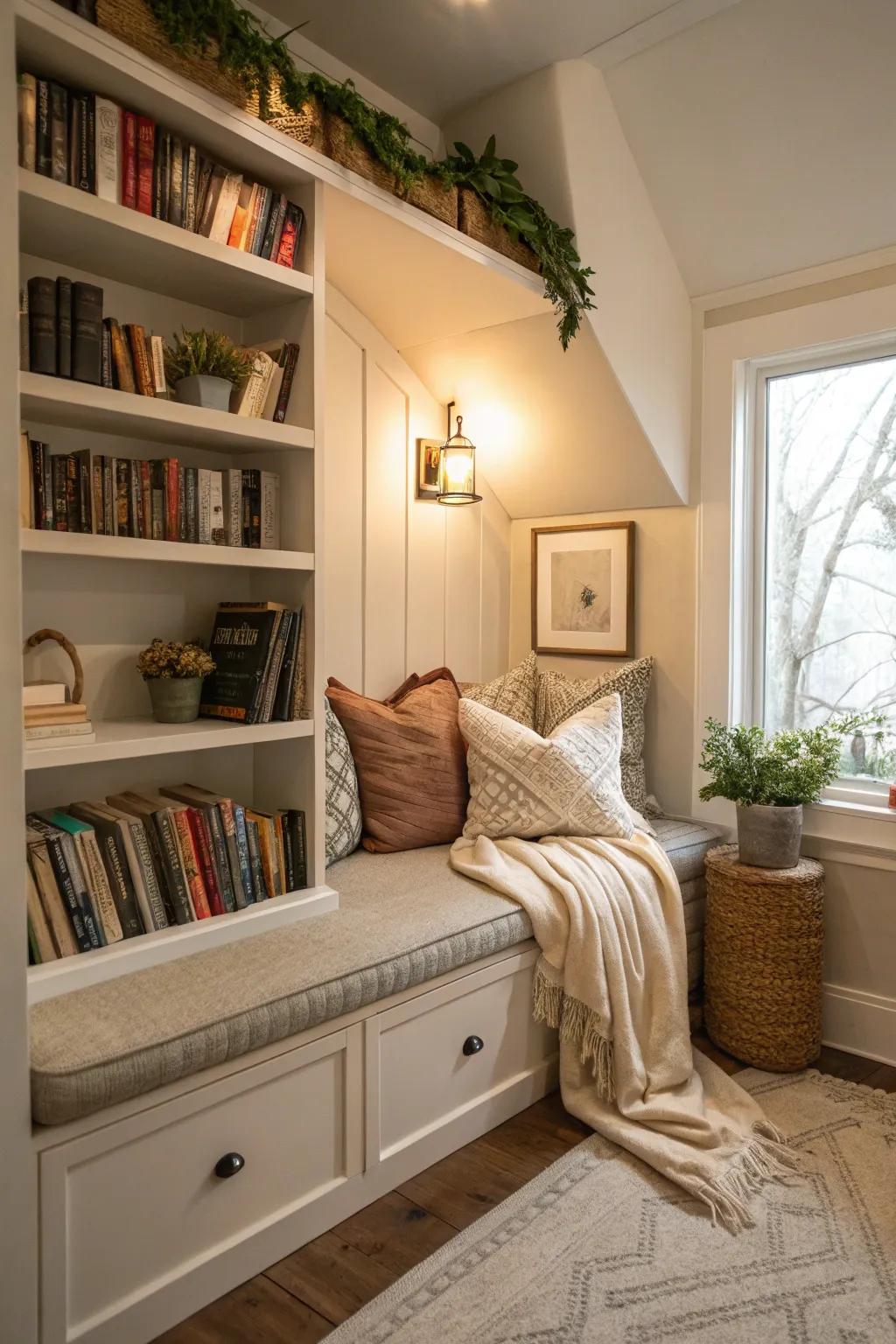 A comfortable reading corner featuring integrated seating in a small nook.