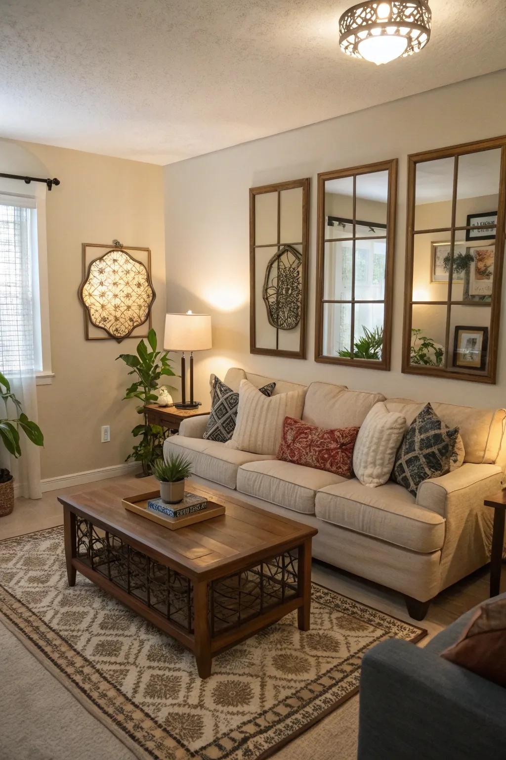 Strategically positioned mirrors amplify the space within a compact family room.
