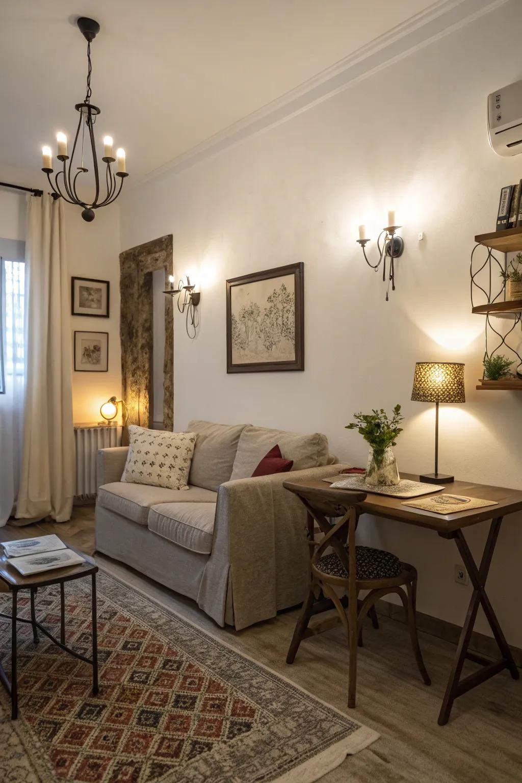 Wall-mounted lighting saves area and adds style.