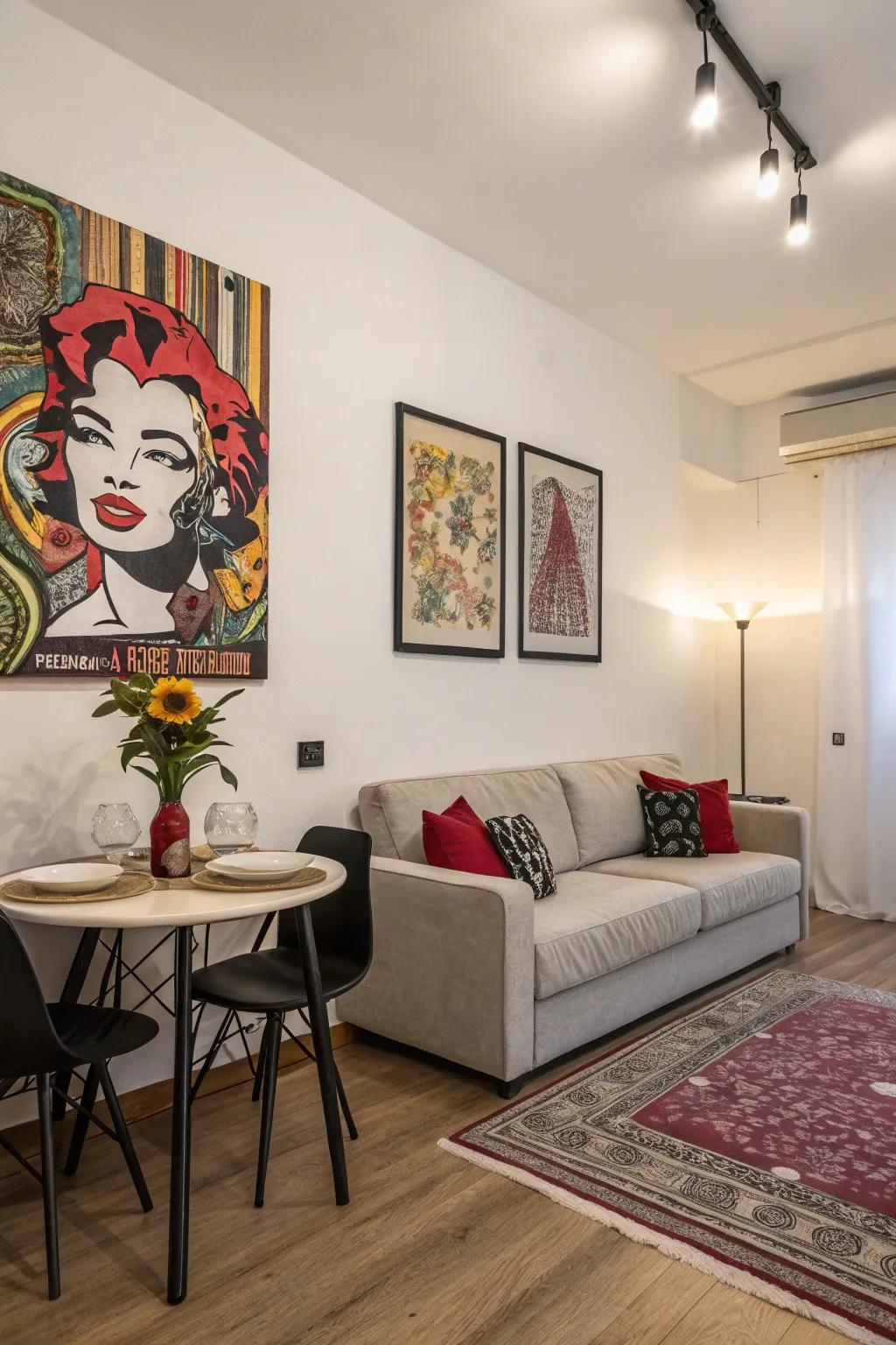 A centerpiece adds character to a studio apartment.