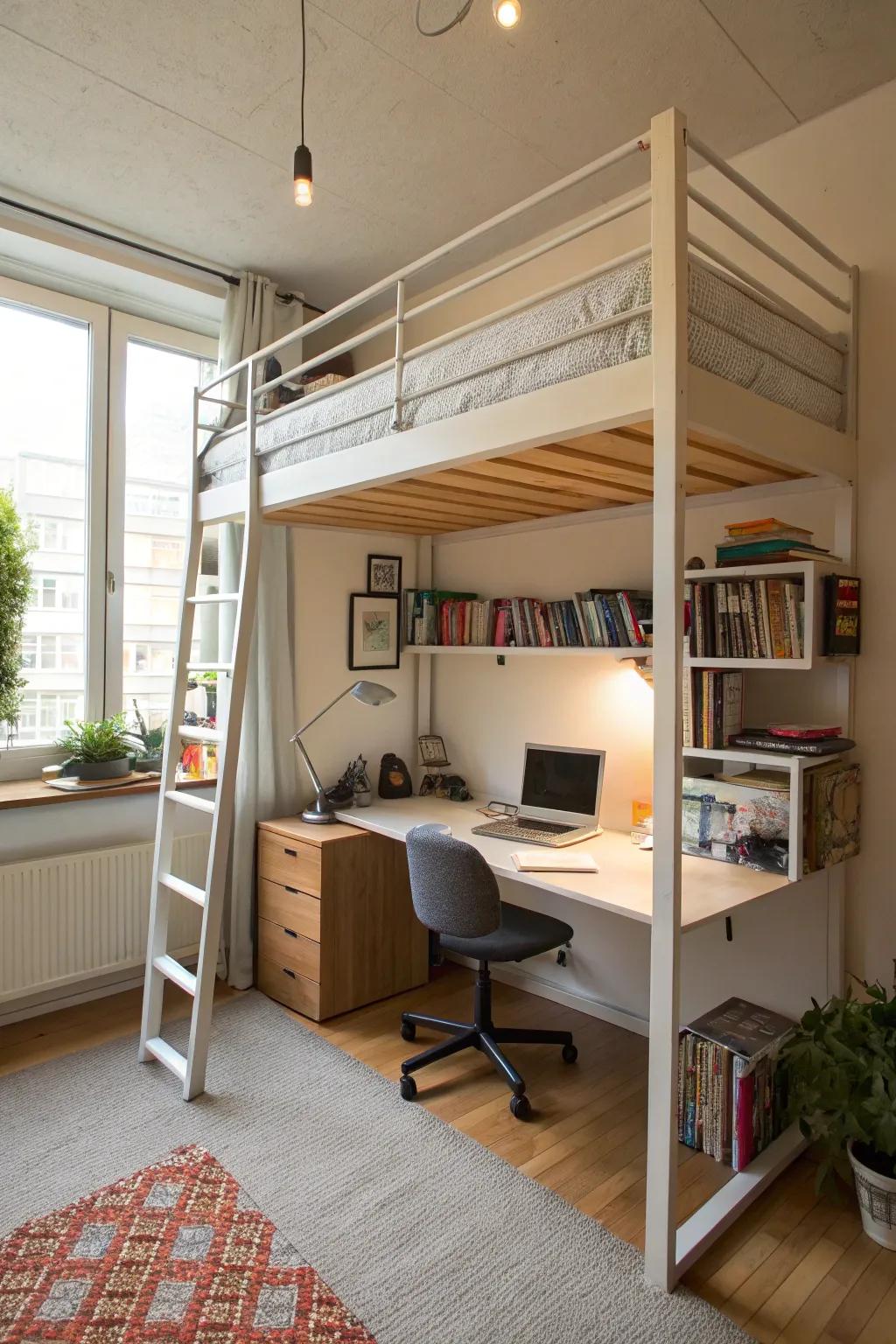 A loft bed maximizes vertical area in a studio.