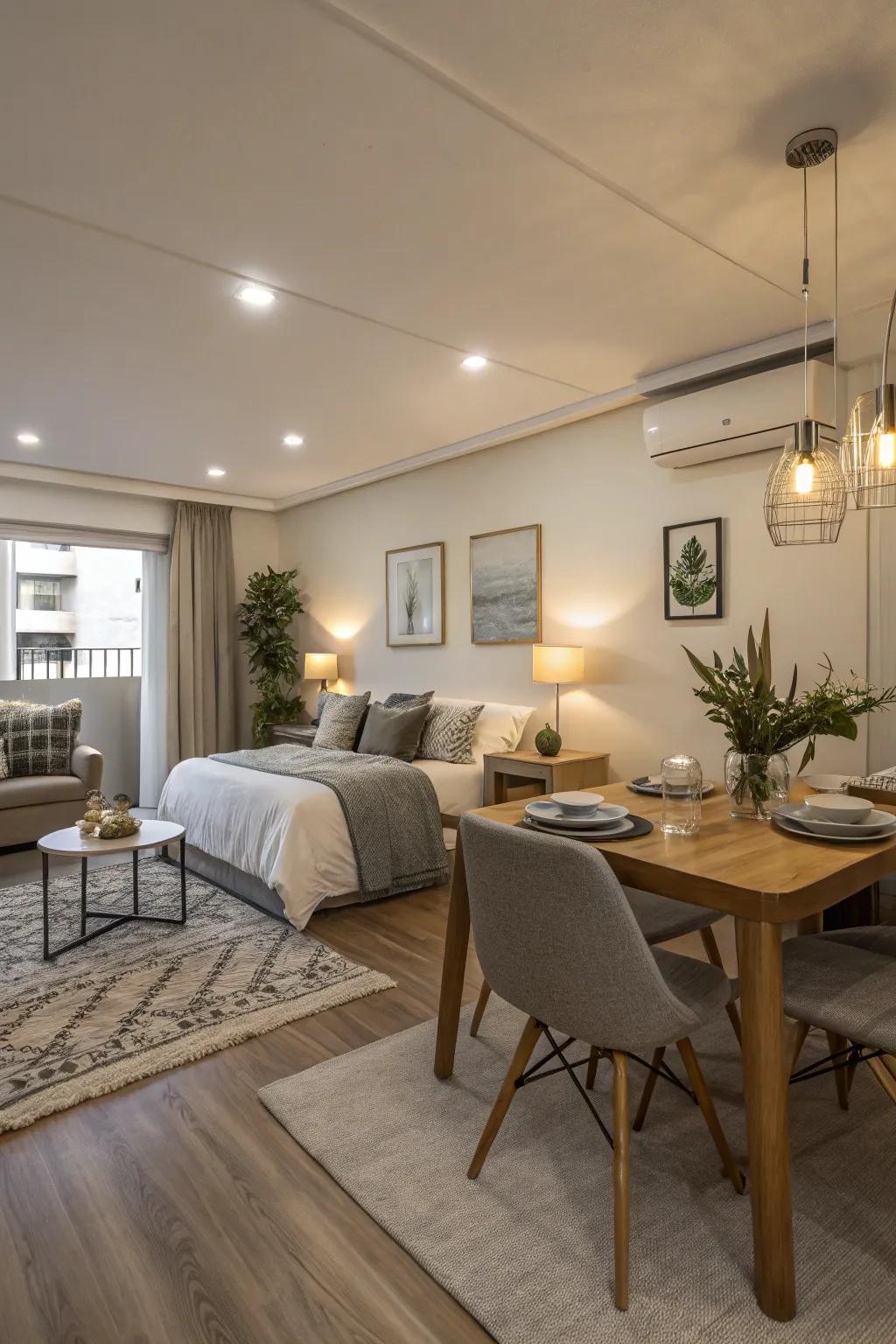 An open layout enhances the feeling of spaciousness in a studio apartment.