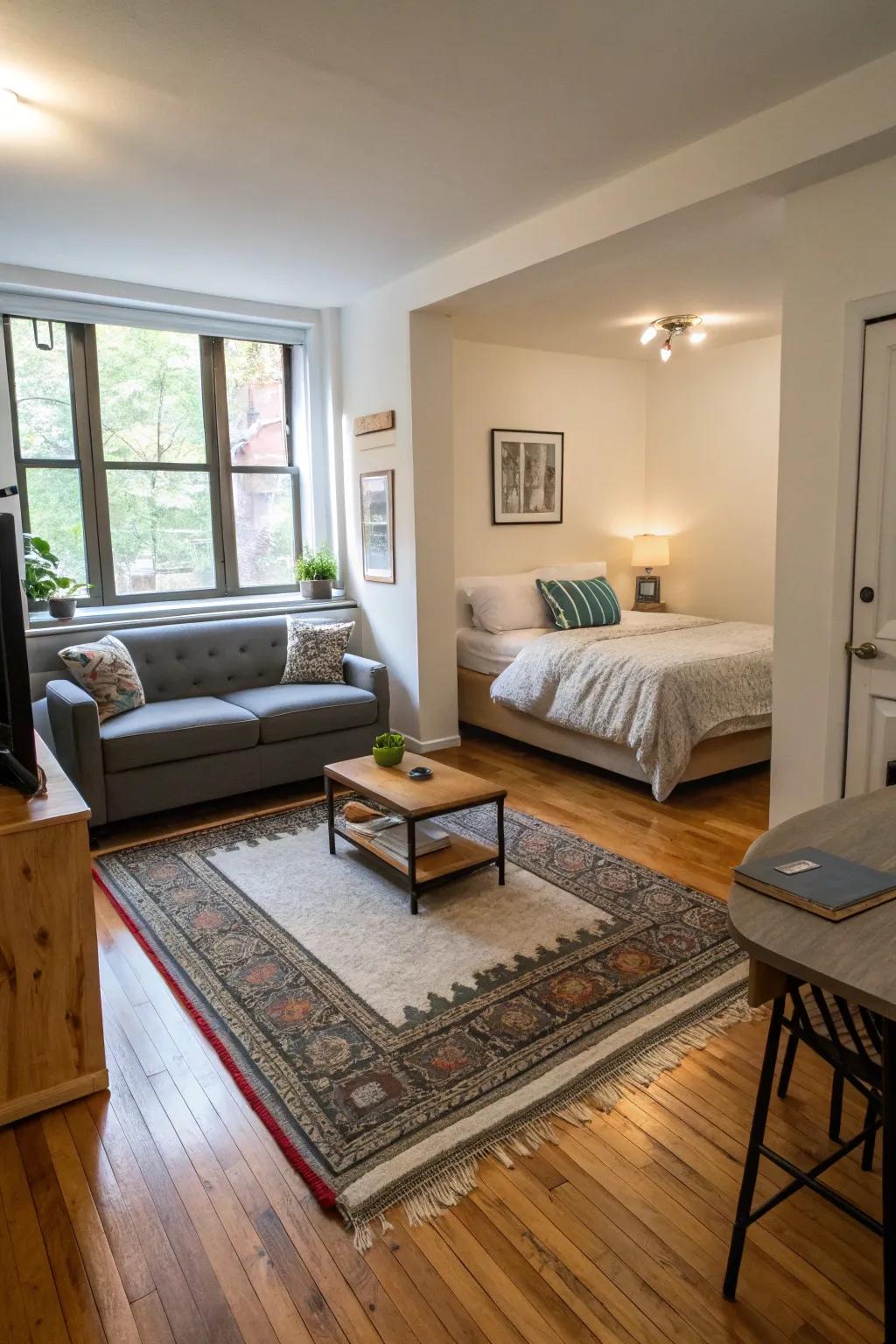 Rugs effectively demarcate areas in an open studio layout.