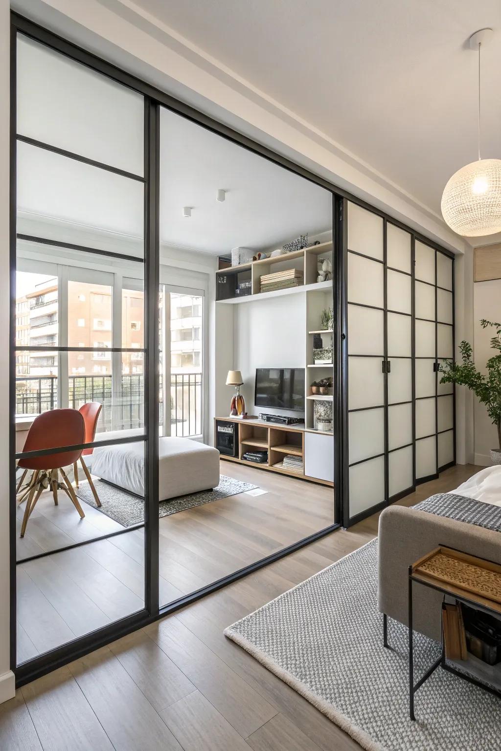 Sliding doors offer privacy without taking up area.