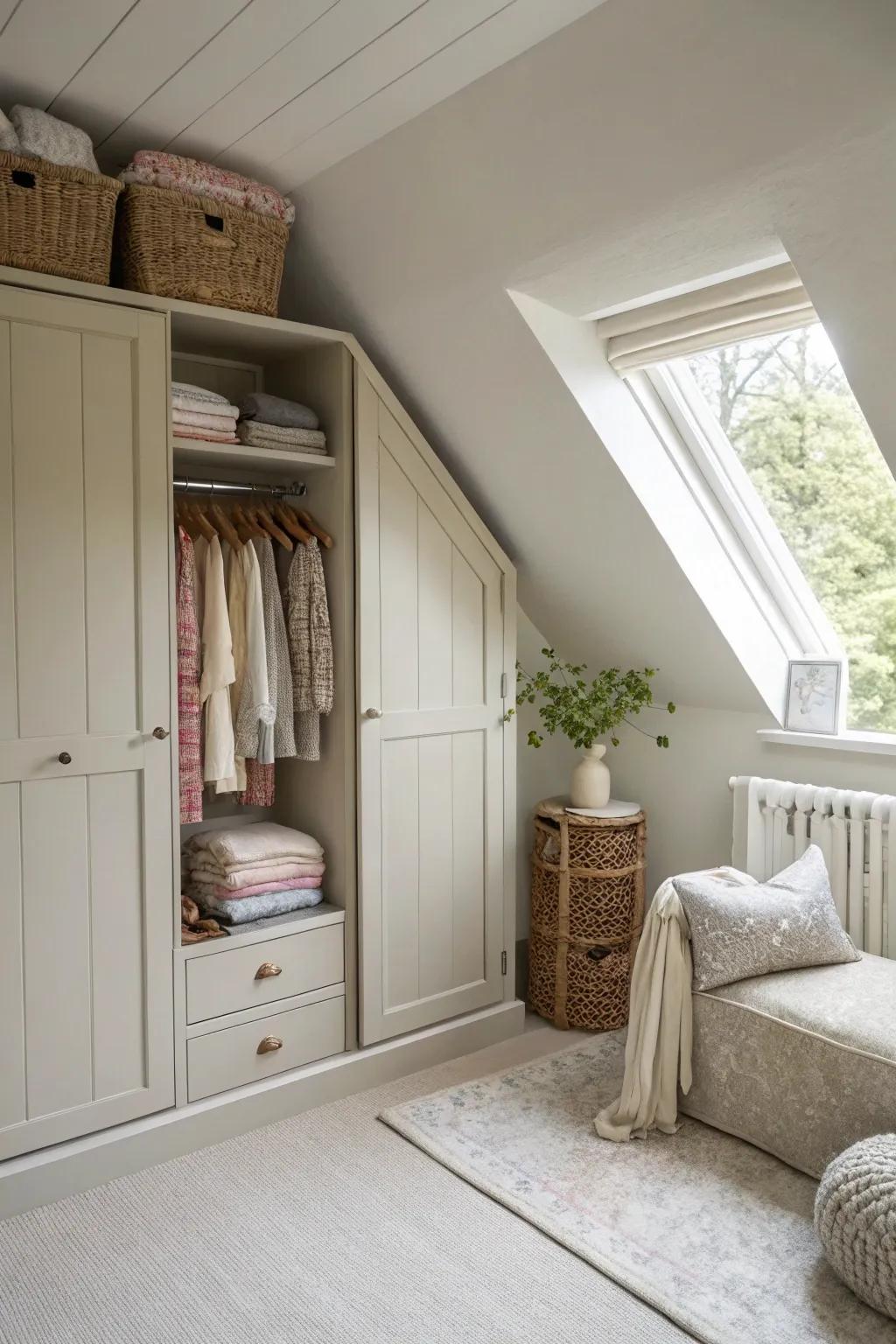 Light colors expand the visual space in an attic closet.