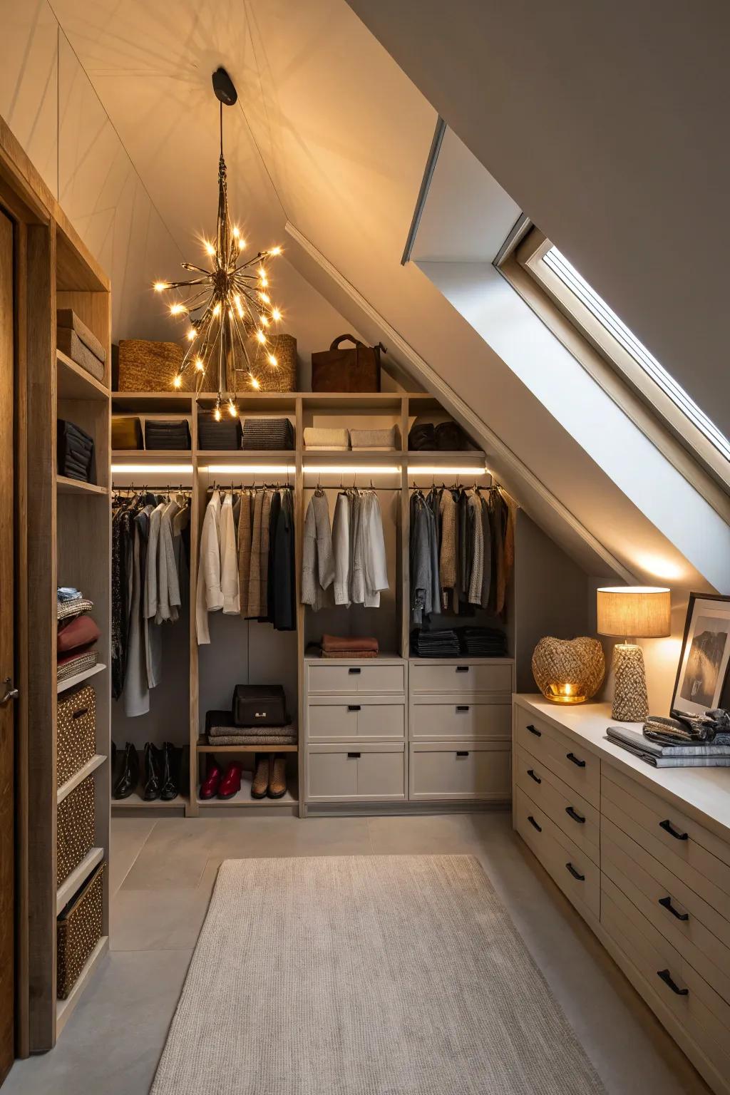 Proper lighting turns a dim attic into a welcoming closet.