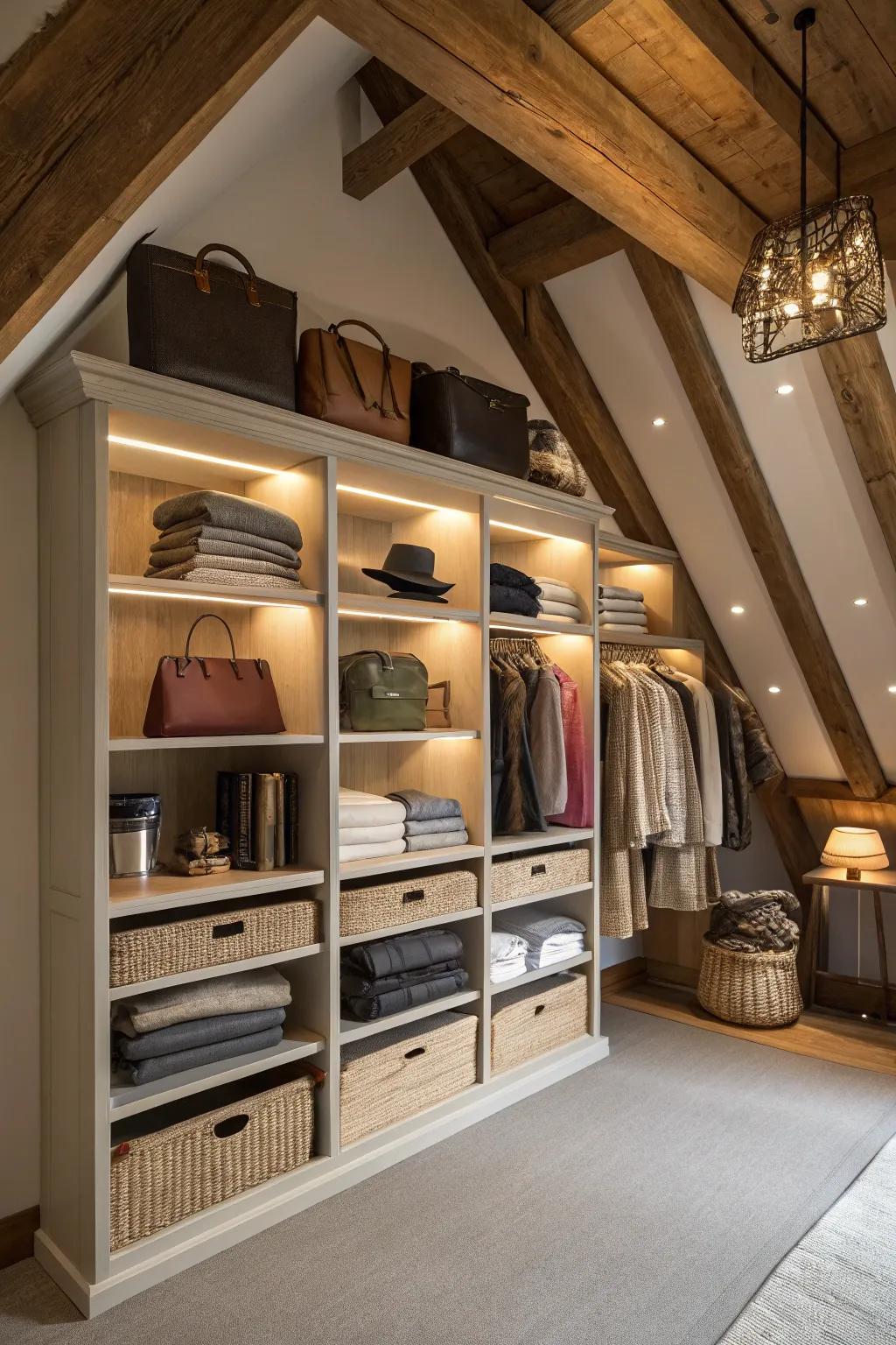 Built-in shelving offers a sleek and practical storage solution.