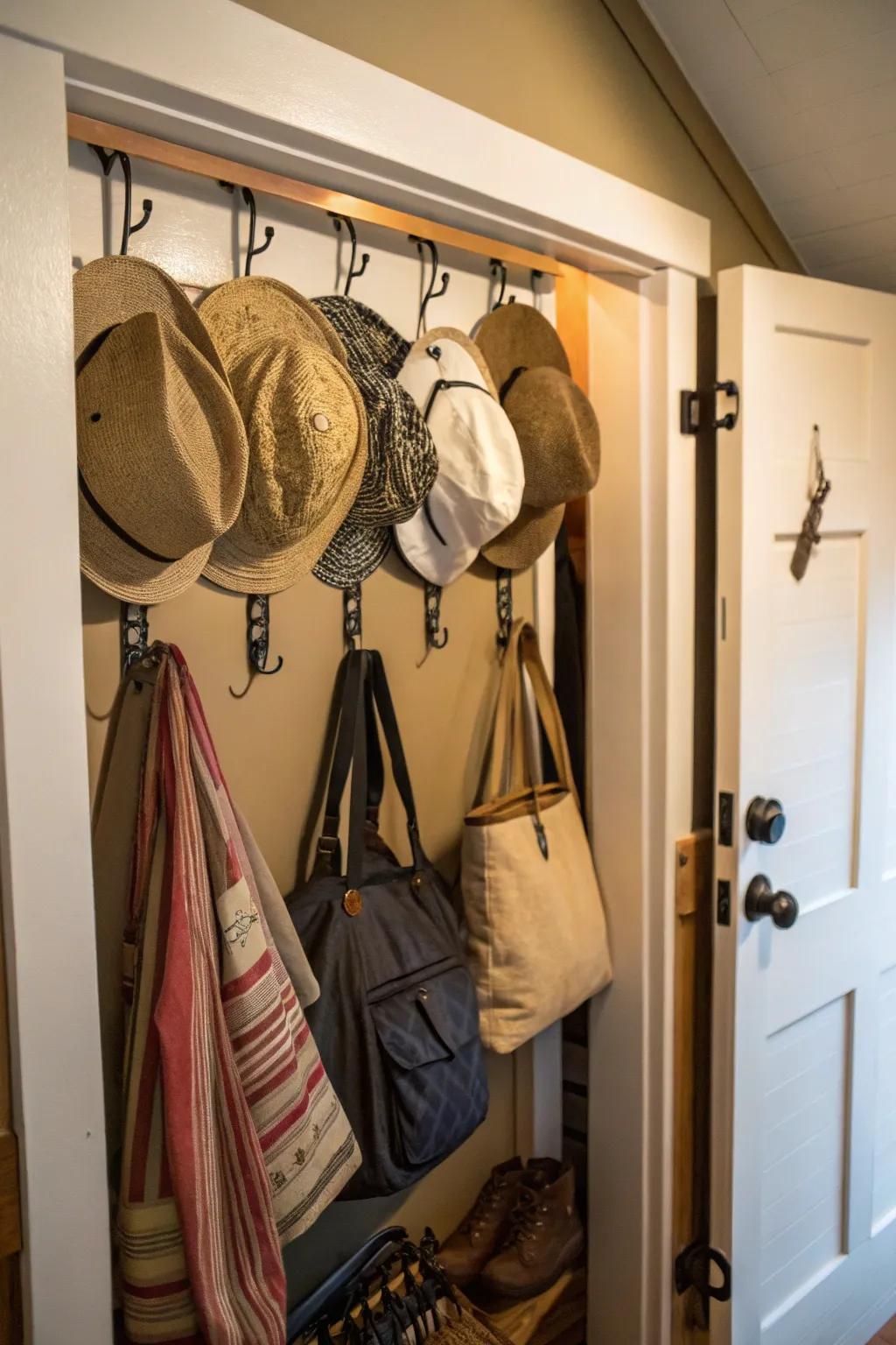 Door hooks provide clever storage solutions for small items.