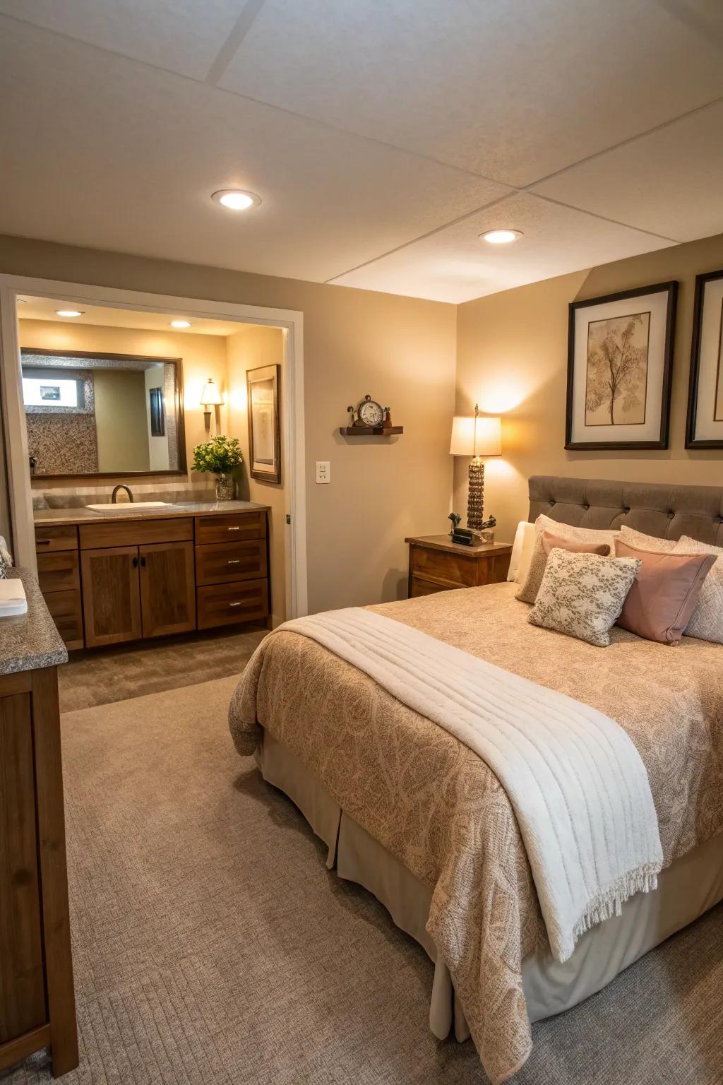 A comfortable basement guest suite featuring a comfortable bedroom.