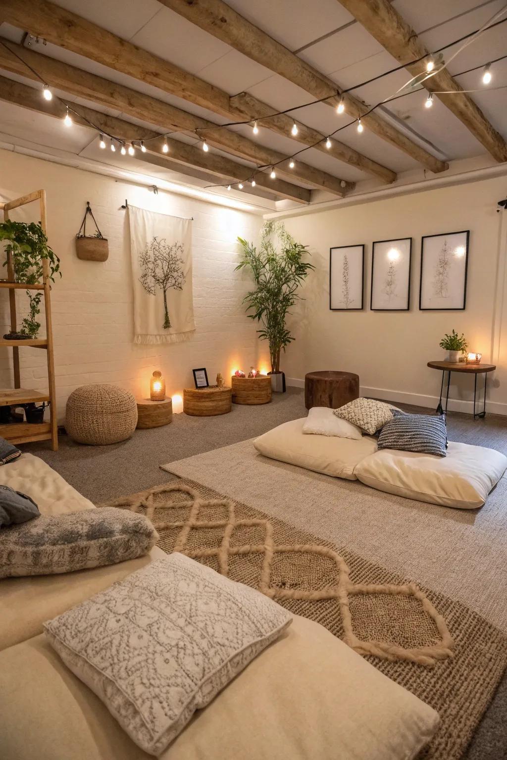 A serene basement zen sanctuary featuring calming decor.