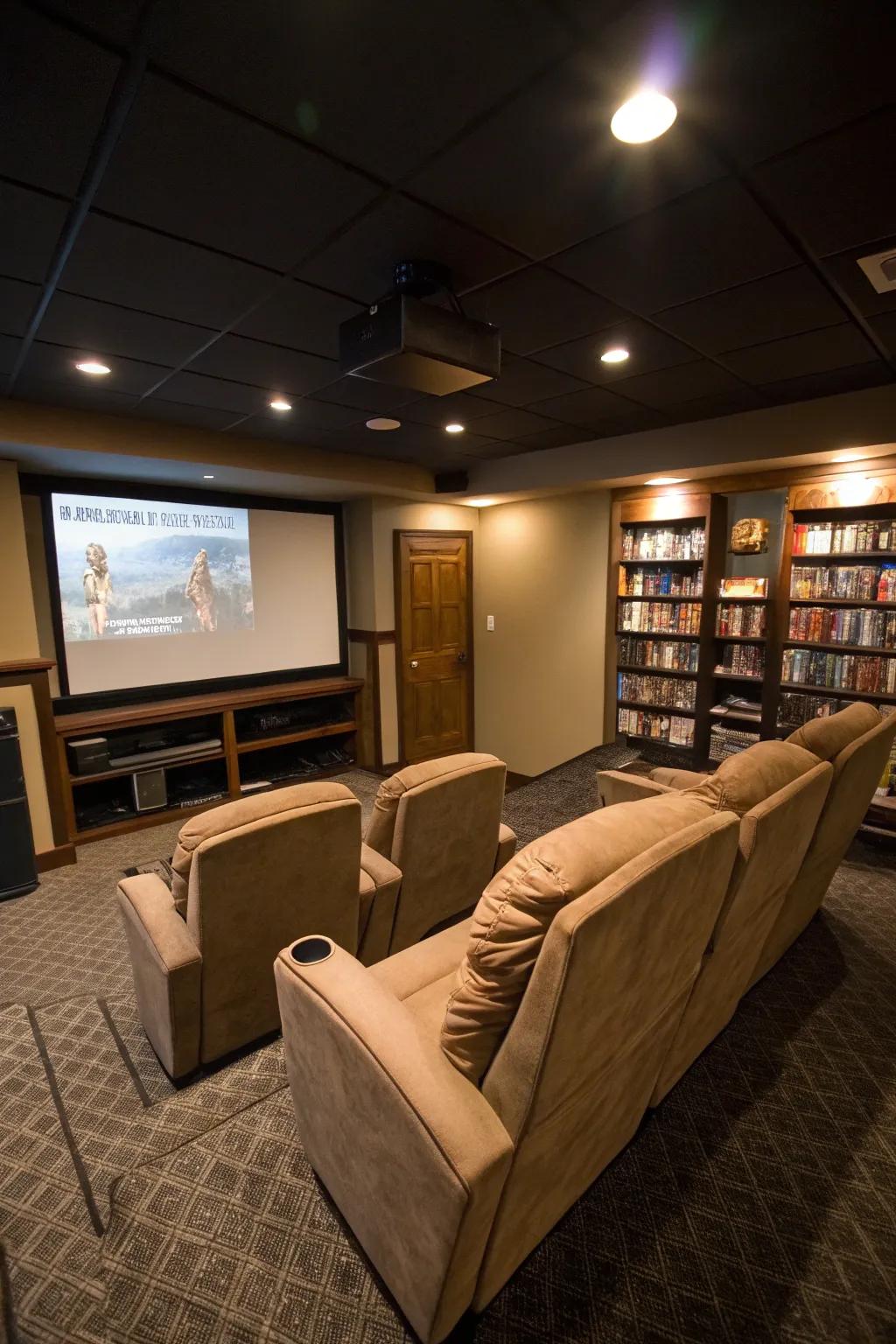 Basement private cinema, complete with recliner chairs and a sizable screen.