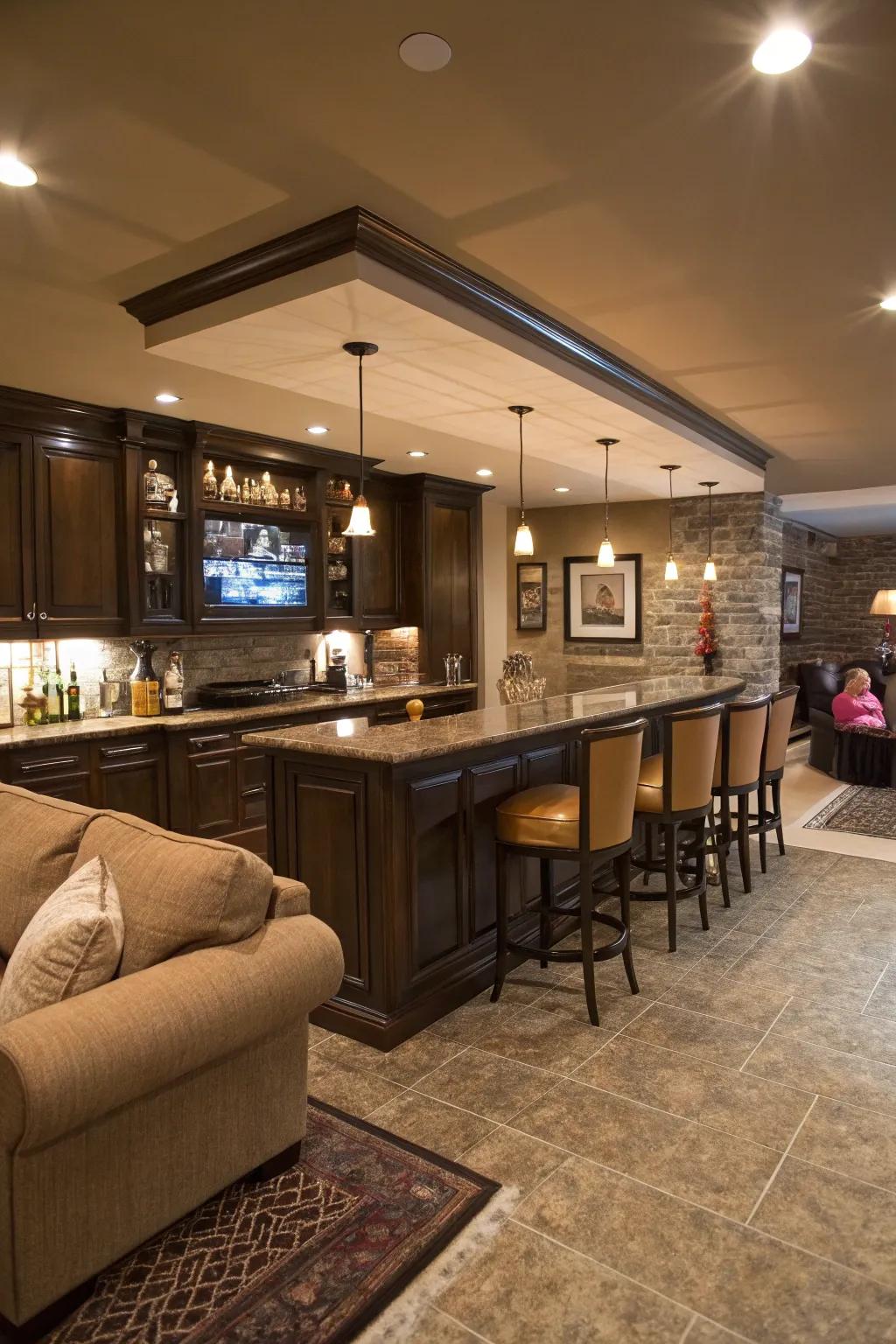 A streamlined basement wet bar tailored for entertaining.