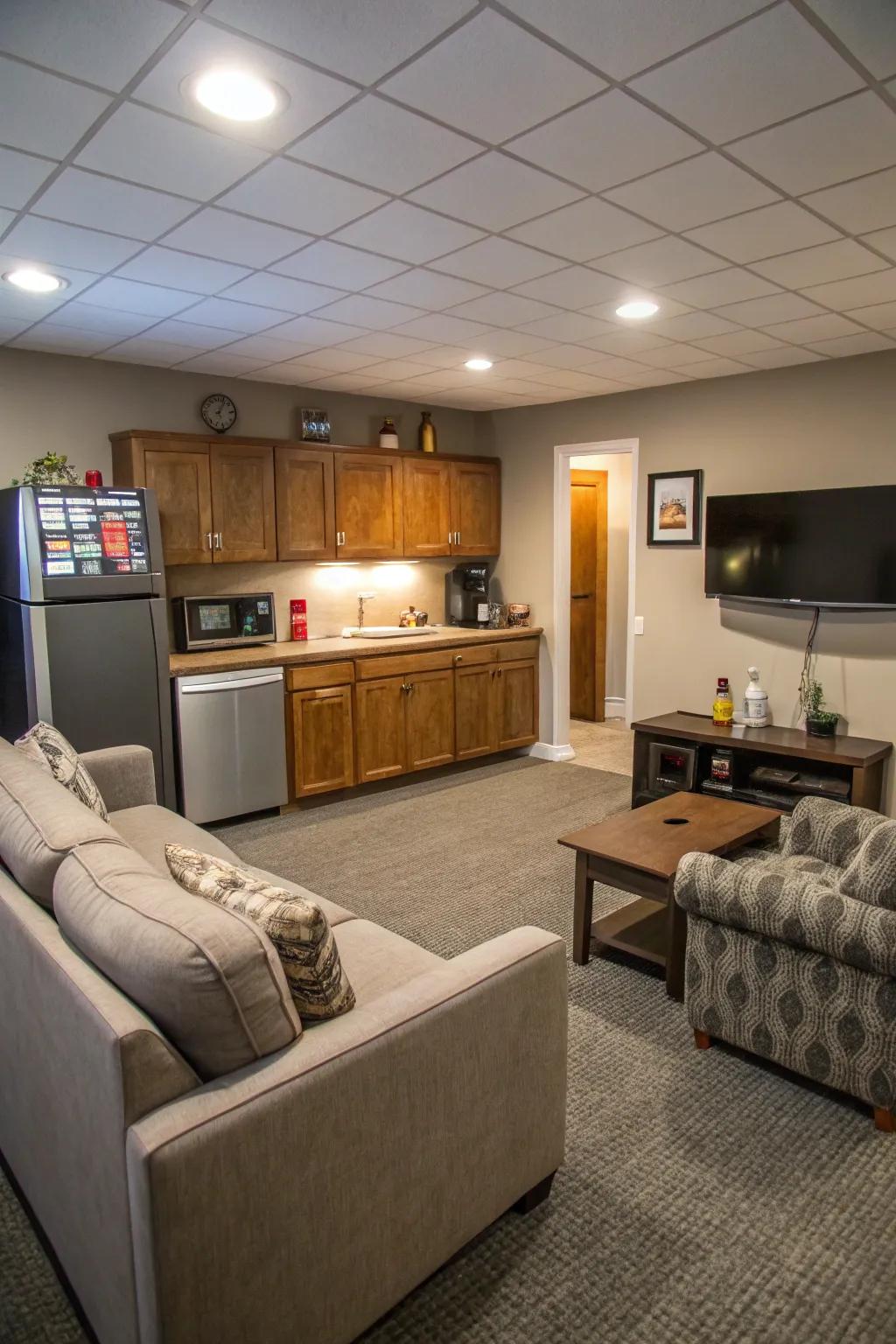 A versatile basement space showcasing a lounge and kitchenette.