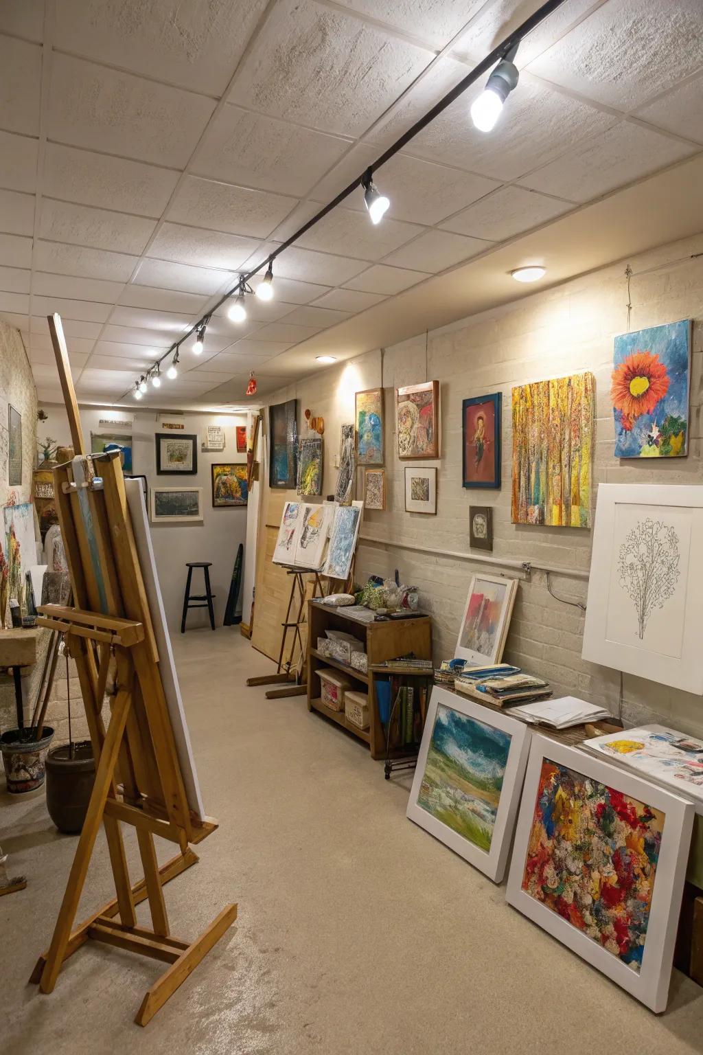 A dynamic basement art studio poised for inventiveness.