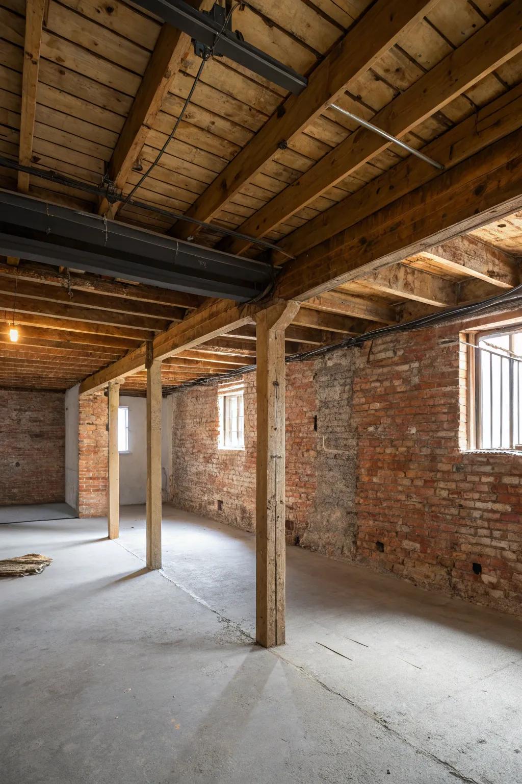Basement showcasing exposed beams and a rustic brick facade.