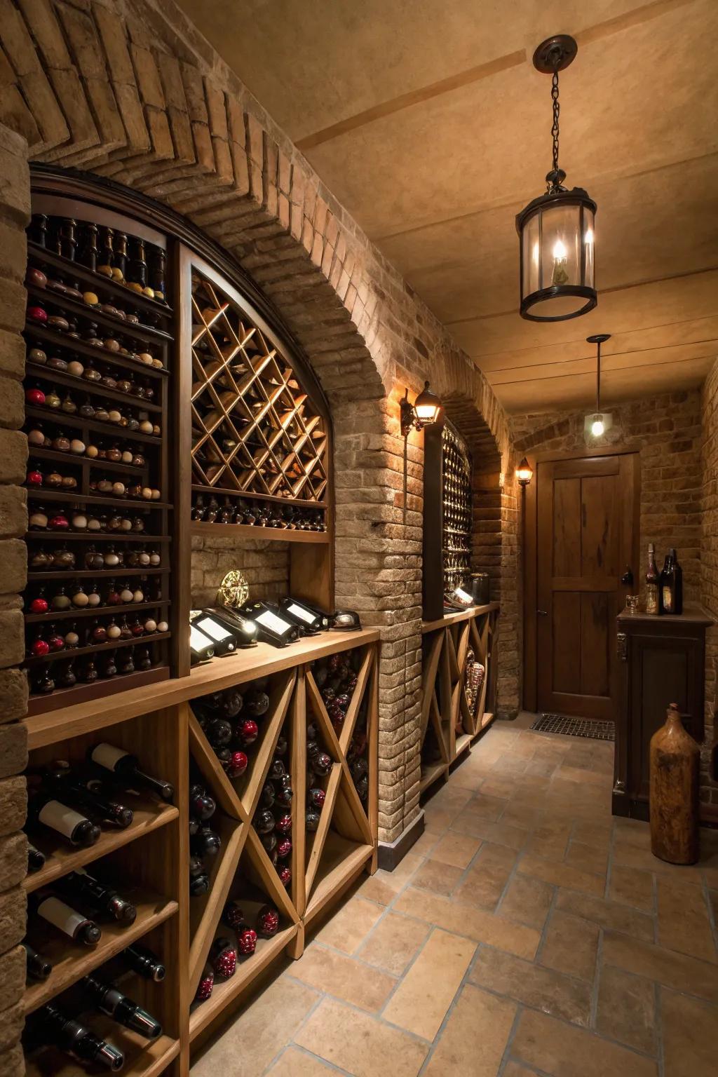A chic basement wine cellar replete with elegant wine racks.
