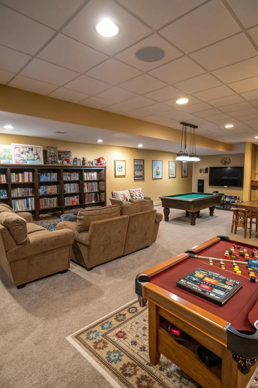 A delightful basement recreational zone replete with games and generous seating.