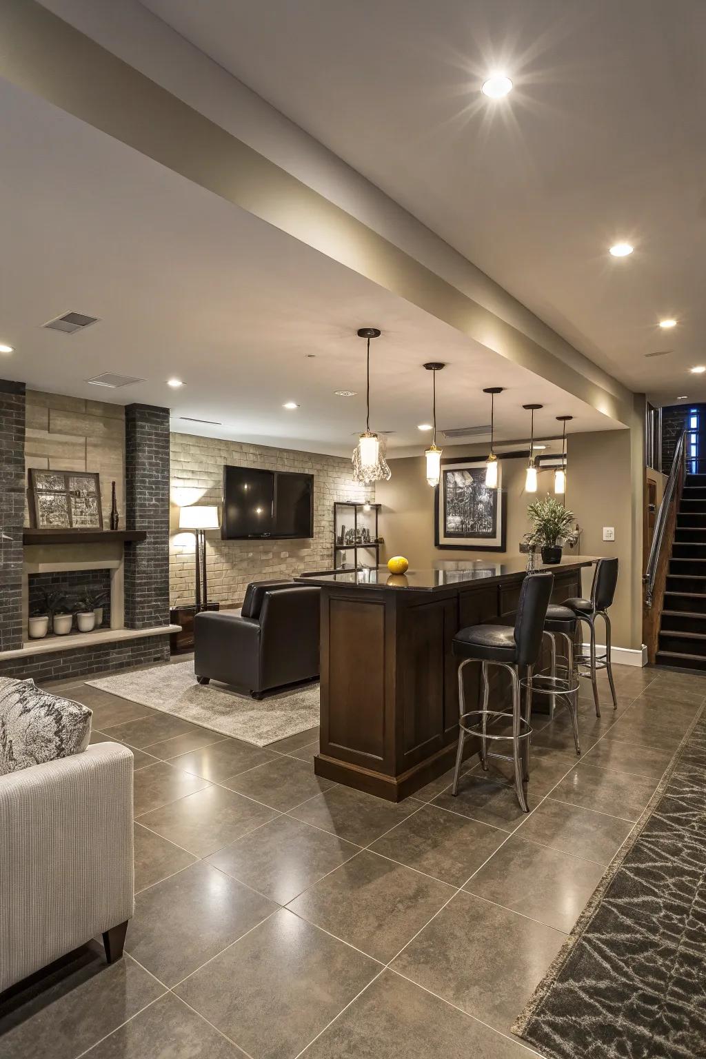 Modern basement design featuring streamlined refinements and sophisticated lighting.