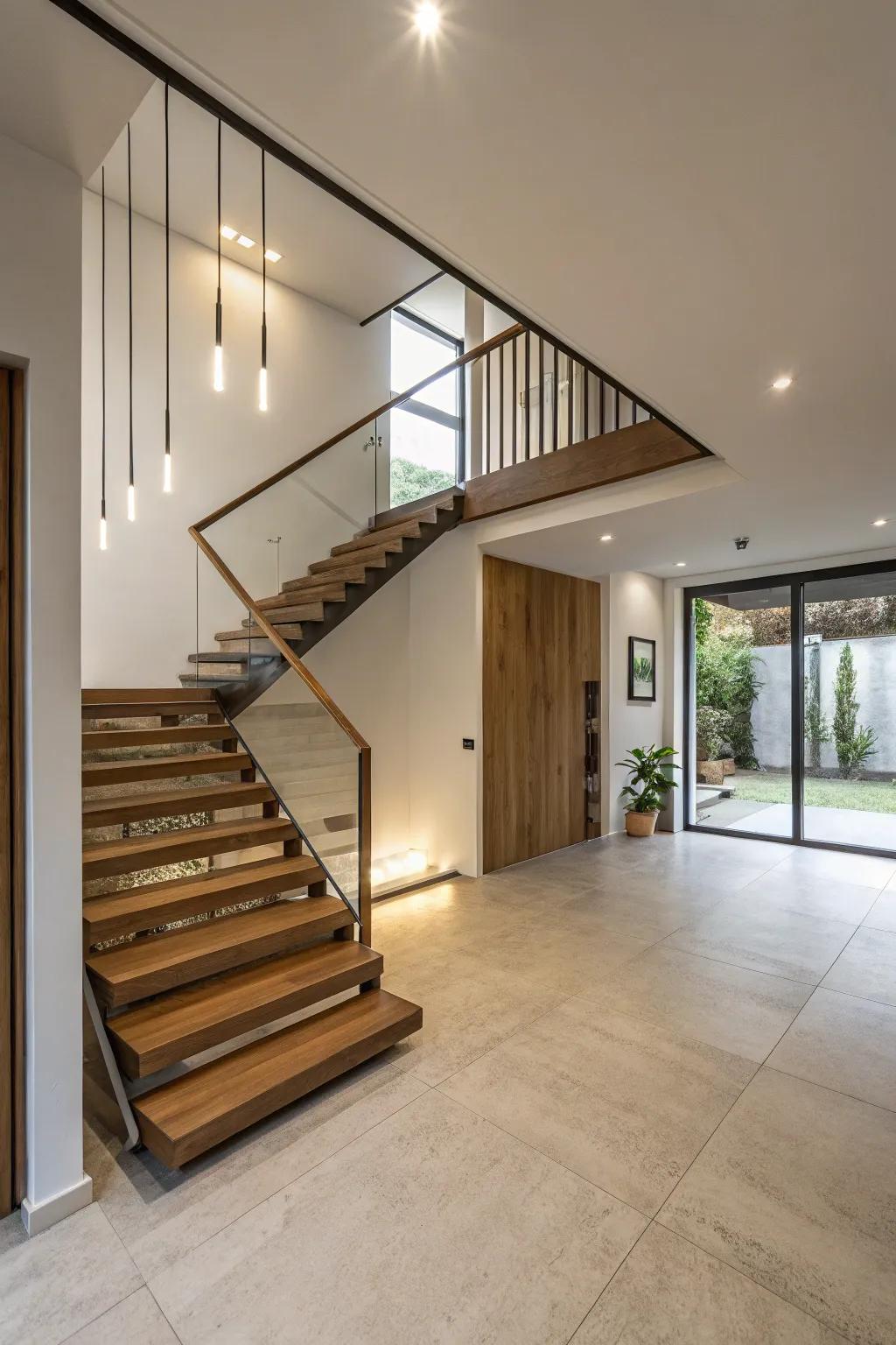 Cantilevered steps proffer a streamlined and ultramodern aesthetic.