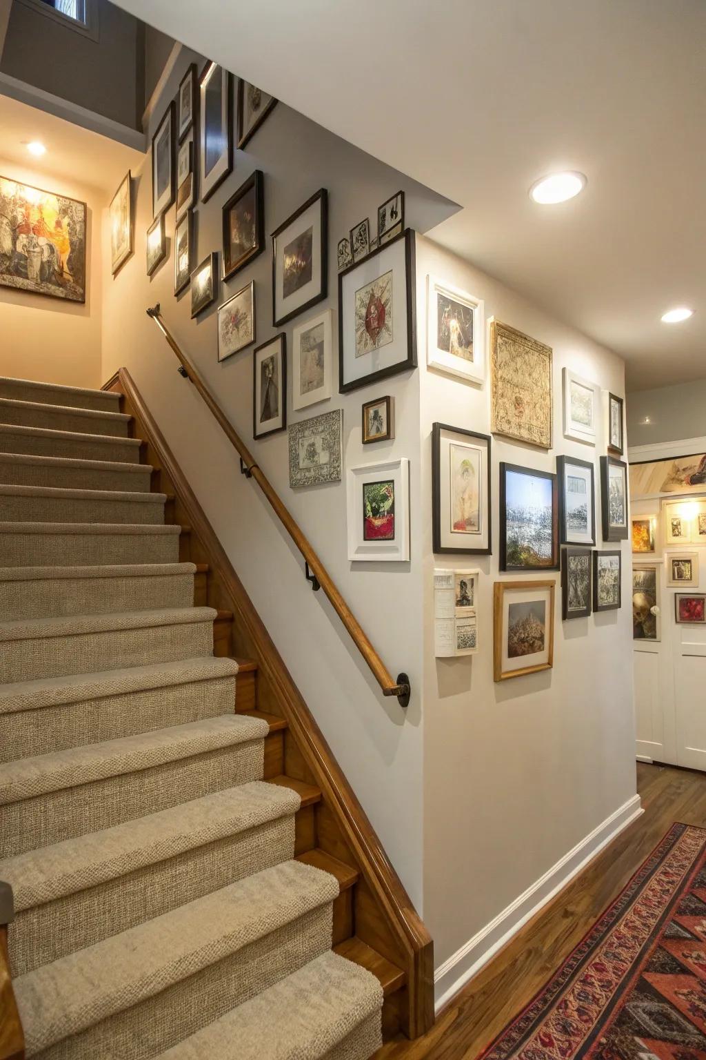 Fabricate a personal exhibition wall along your cellar steps.