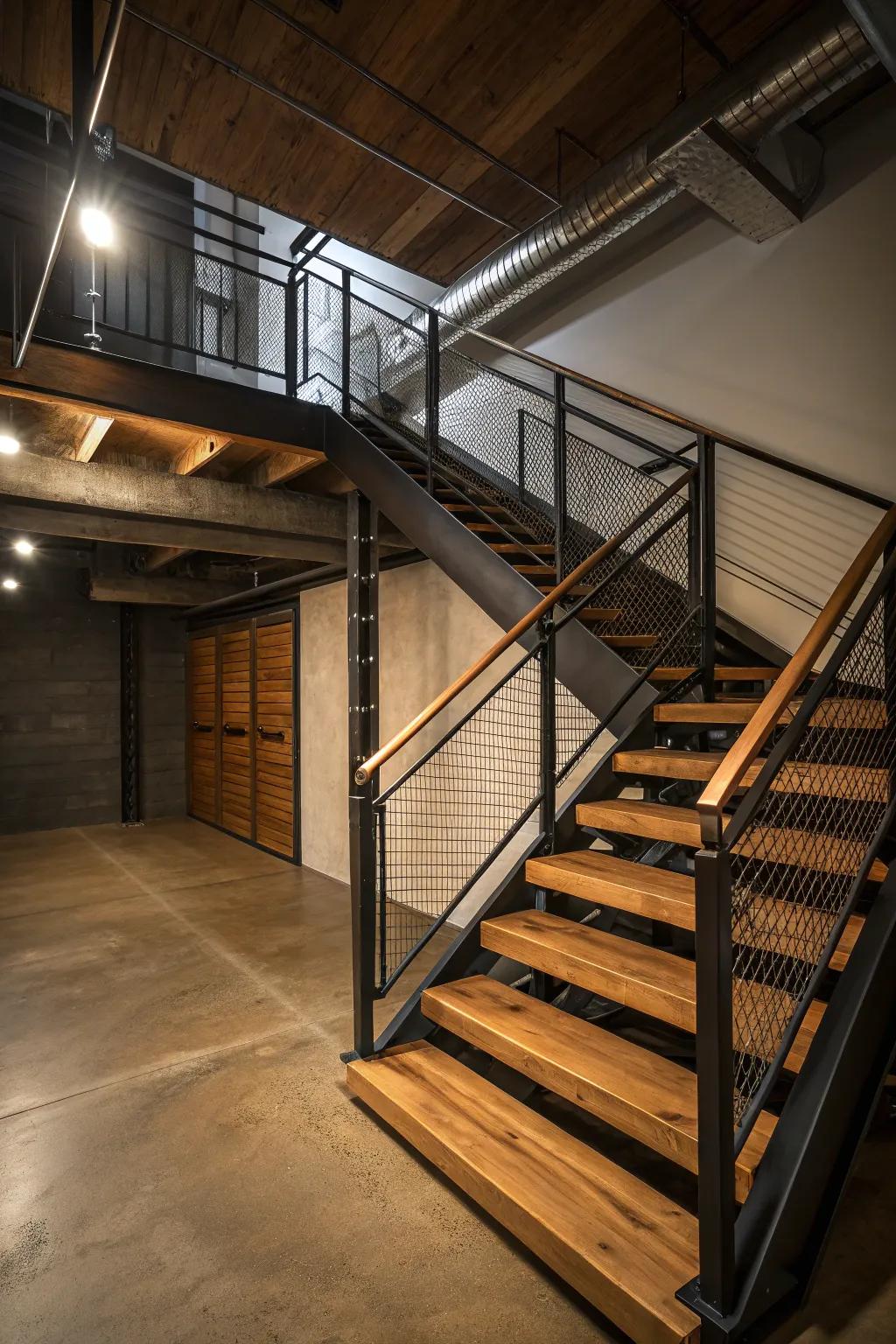 A seamless amalgamation of timber and ferrous elements for a contemporary stairway motif.