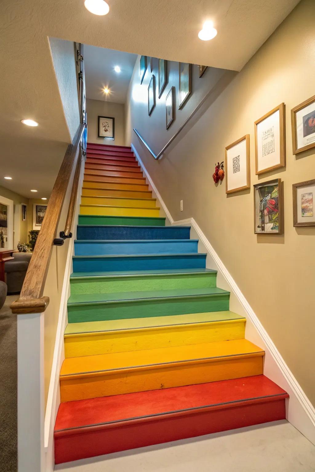 Infuse your basement steps with a burst of color through painted risers.