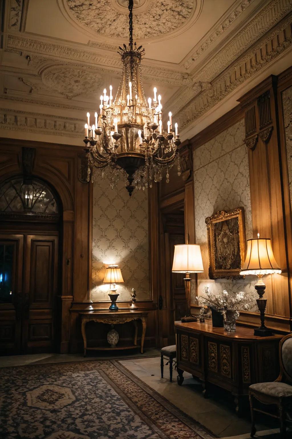 Unique lighting elements establish a cozy and welcoming setting.