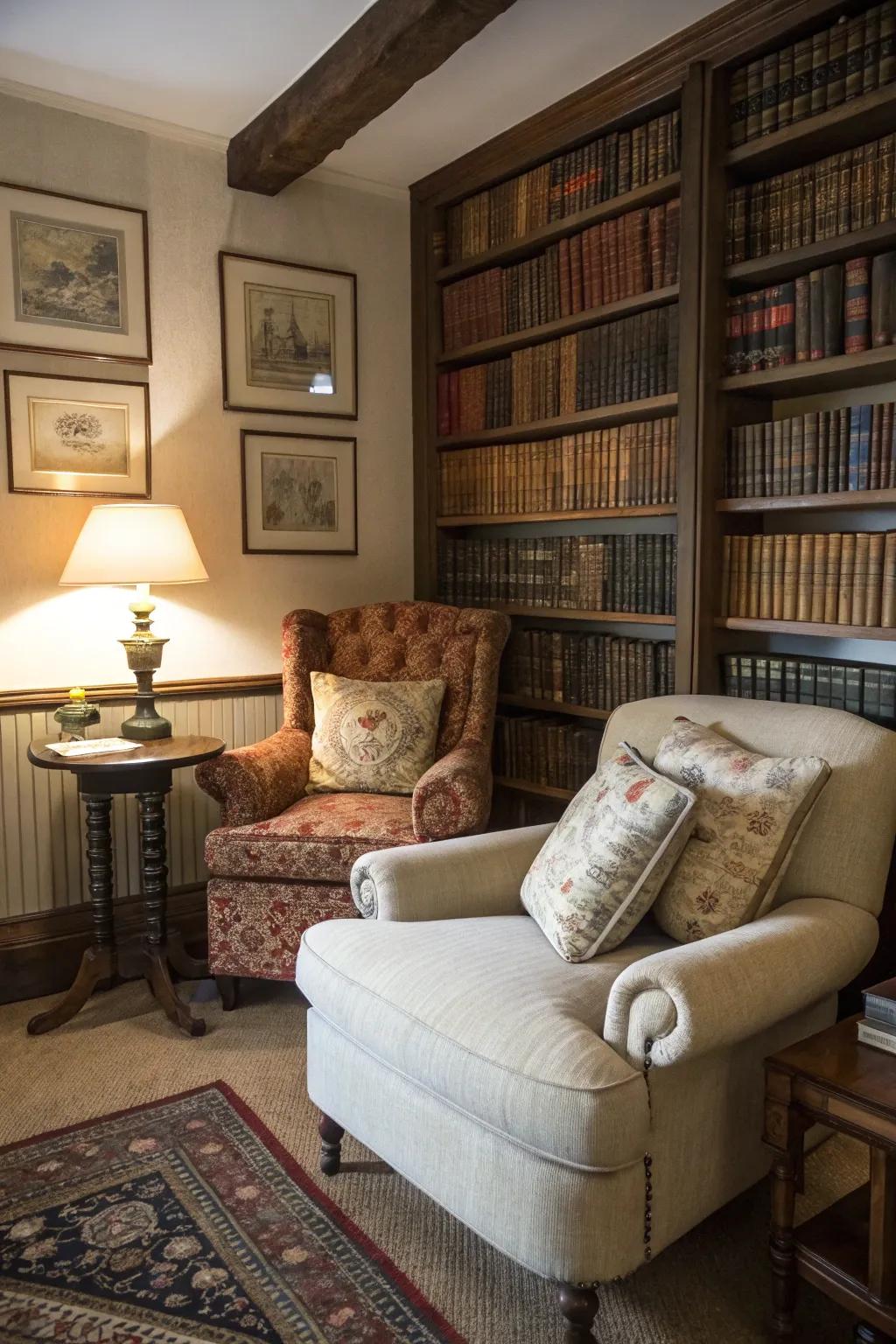 A reading space introduces charm and an area for peaceful contemplation.