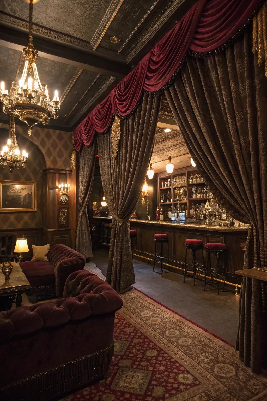 Luxurious drapes enhance solitude and grandeur.